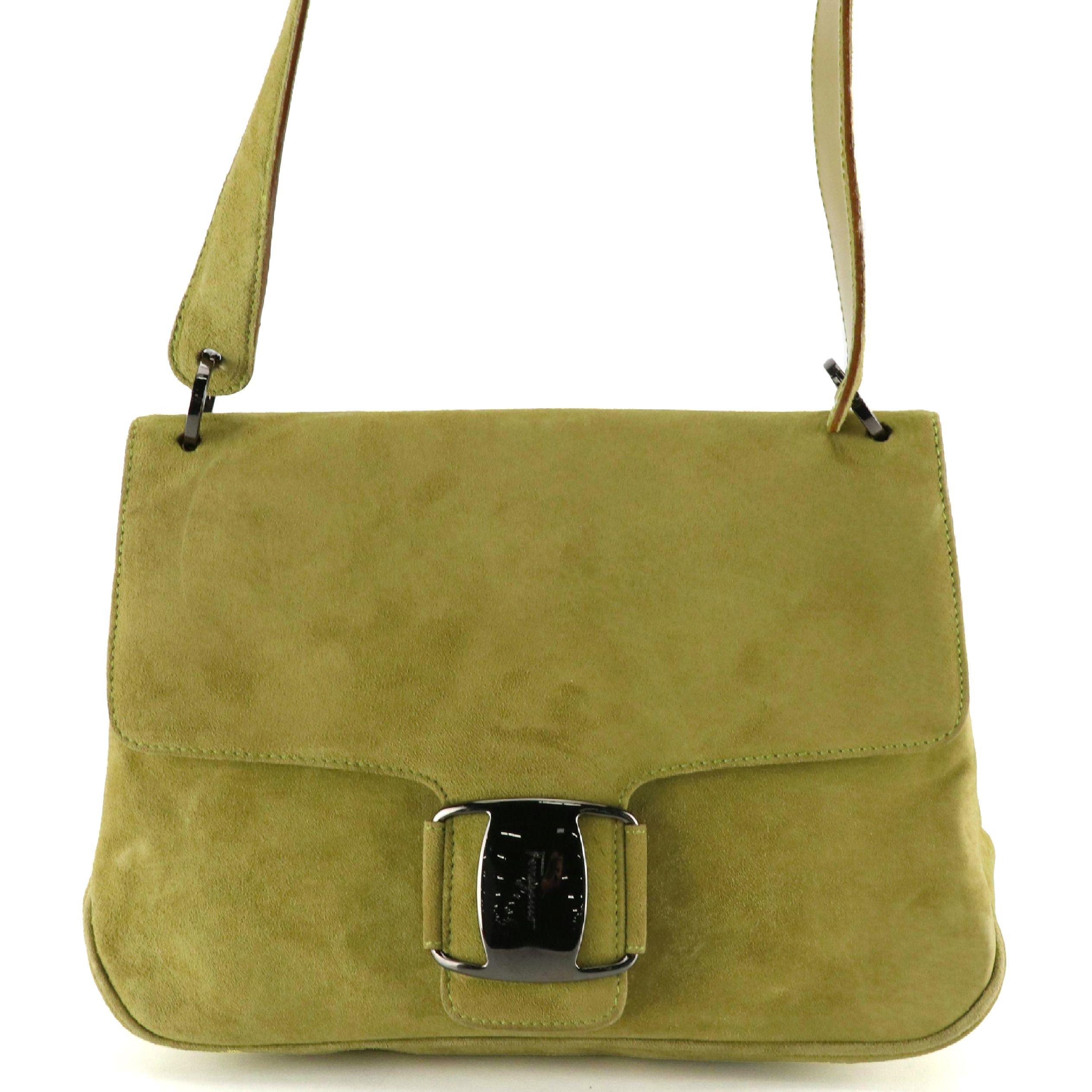 Salvatore Ferragamo Vara Shoulder Bag in Yellow/Green Suede