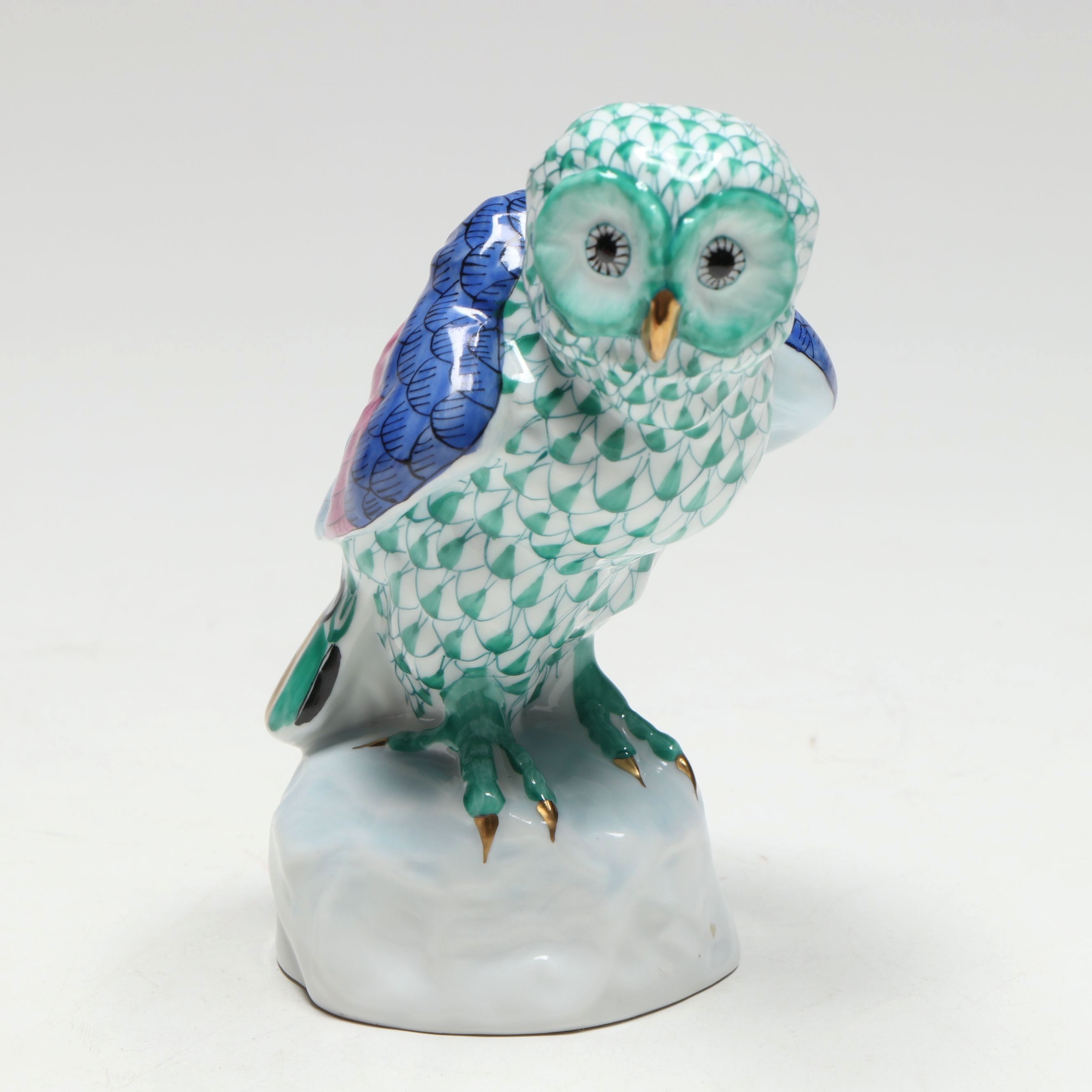 Herend Green Fishnet with Gold "Owl" Porcelain Figurine