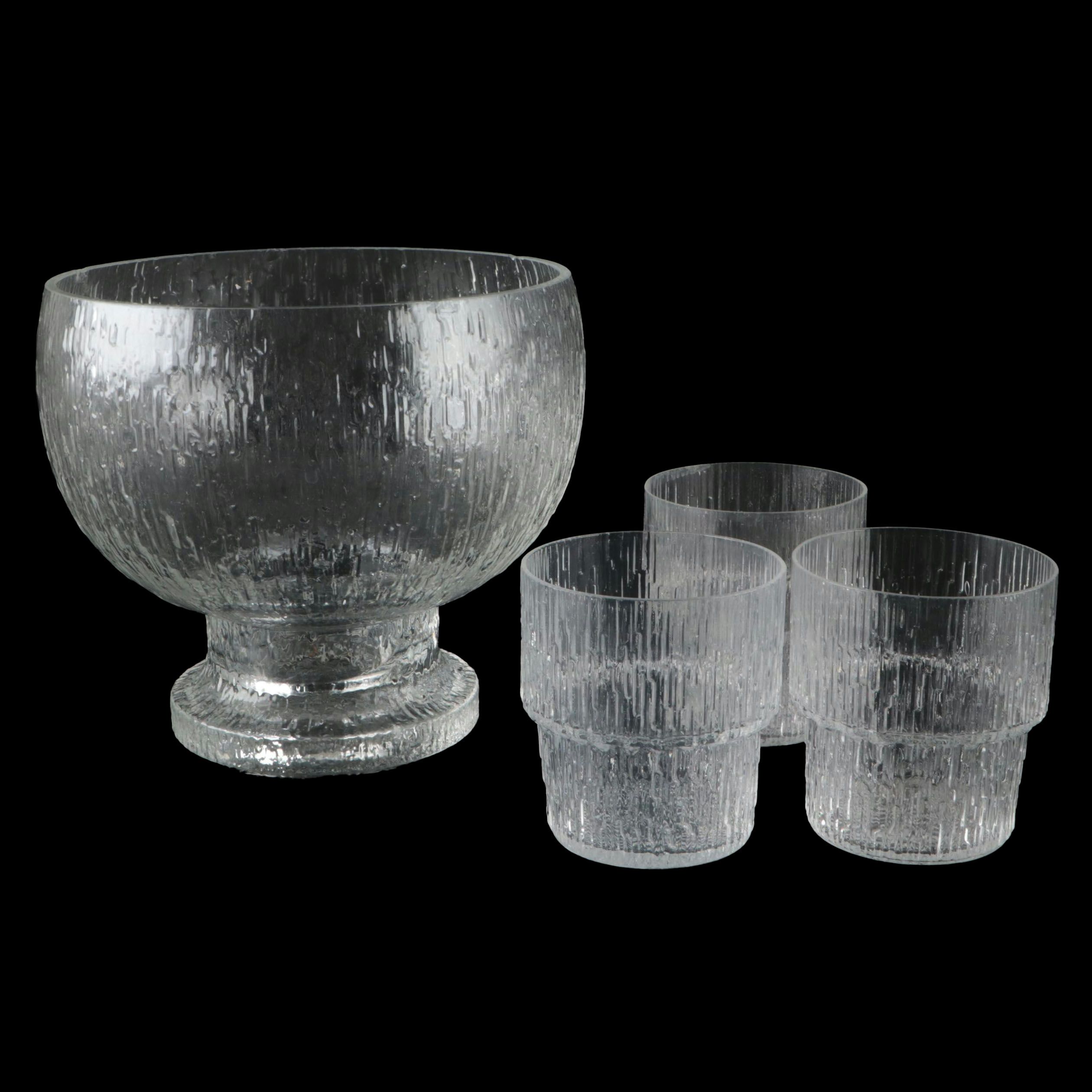 Mid Century Modern Style Textured Glass Footed  Bowl and Stacking Tumblers