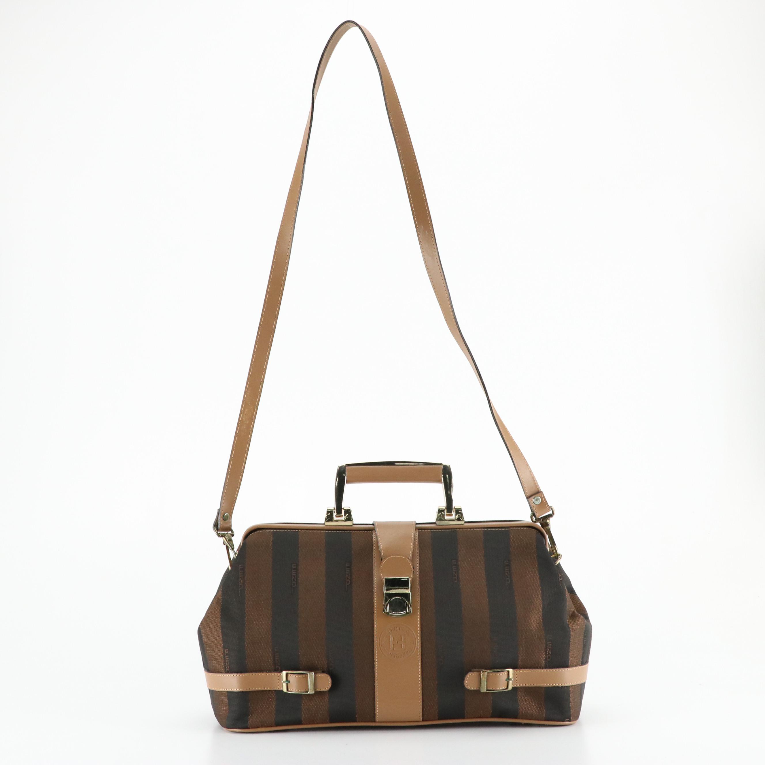 Fendi East-West Handbag in Pequin Stripe Canvas with Leather Trim