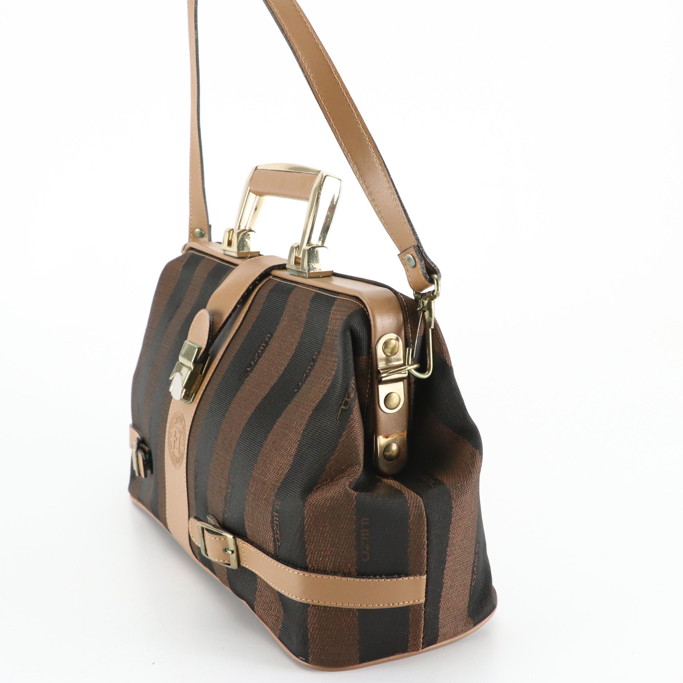 Fendi East-West Handbag in Pequin Stripe Canvas with Leather Trim