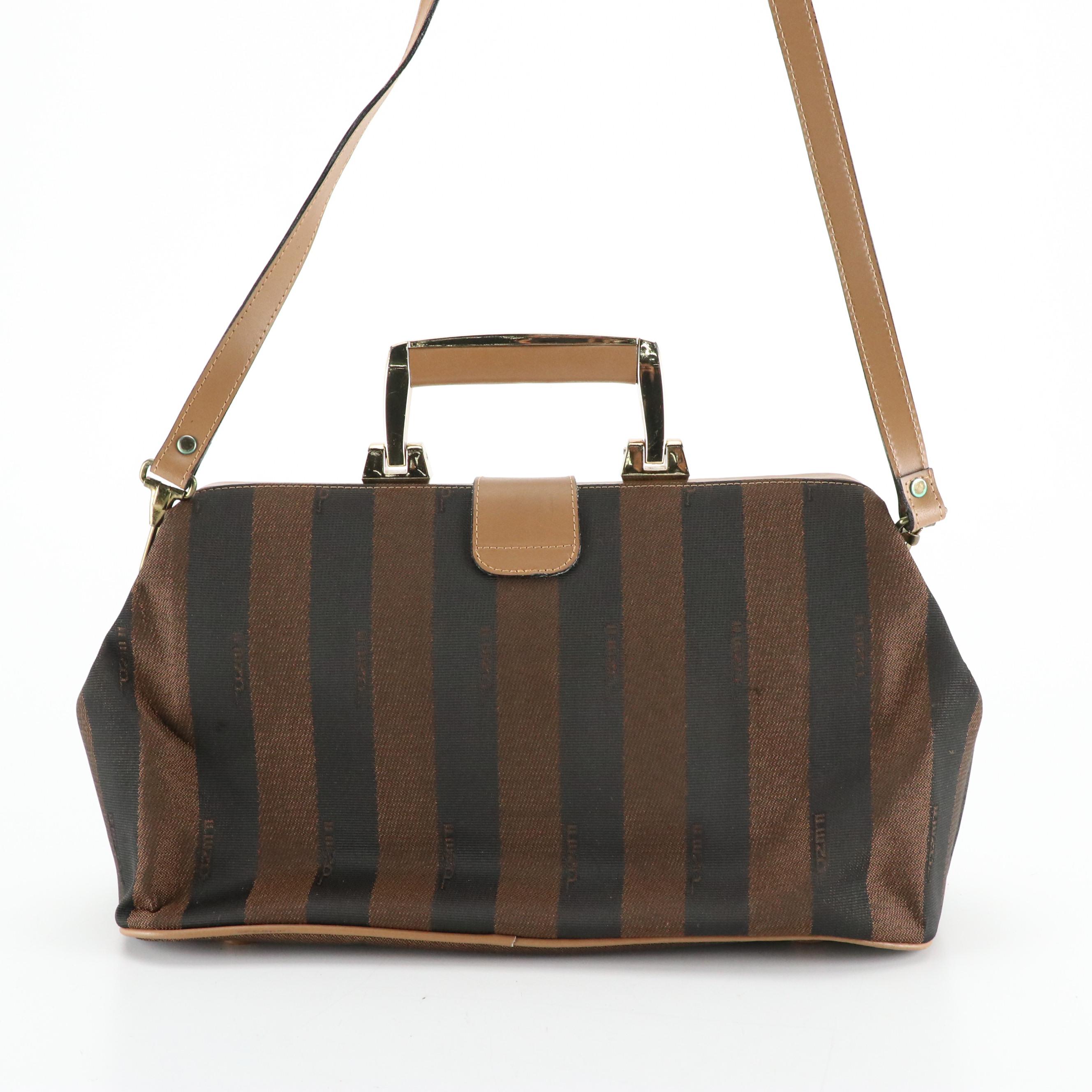 Fendi East-West Handbag in Pequin Stripe Canvas with Leather Trim