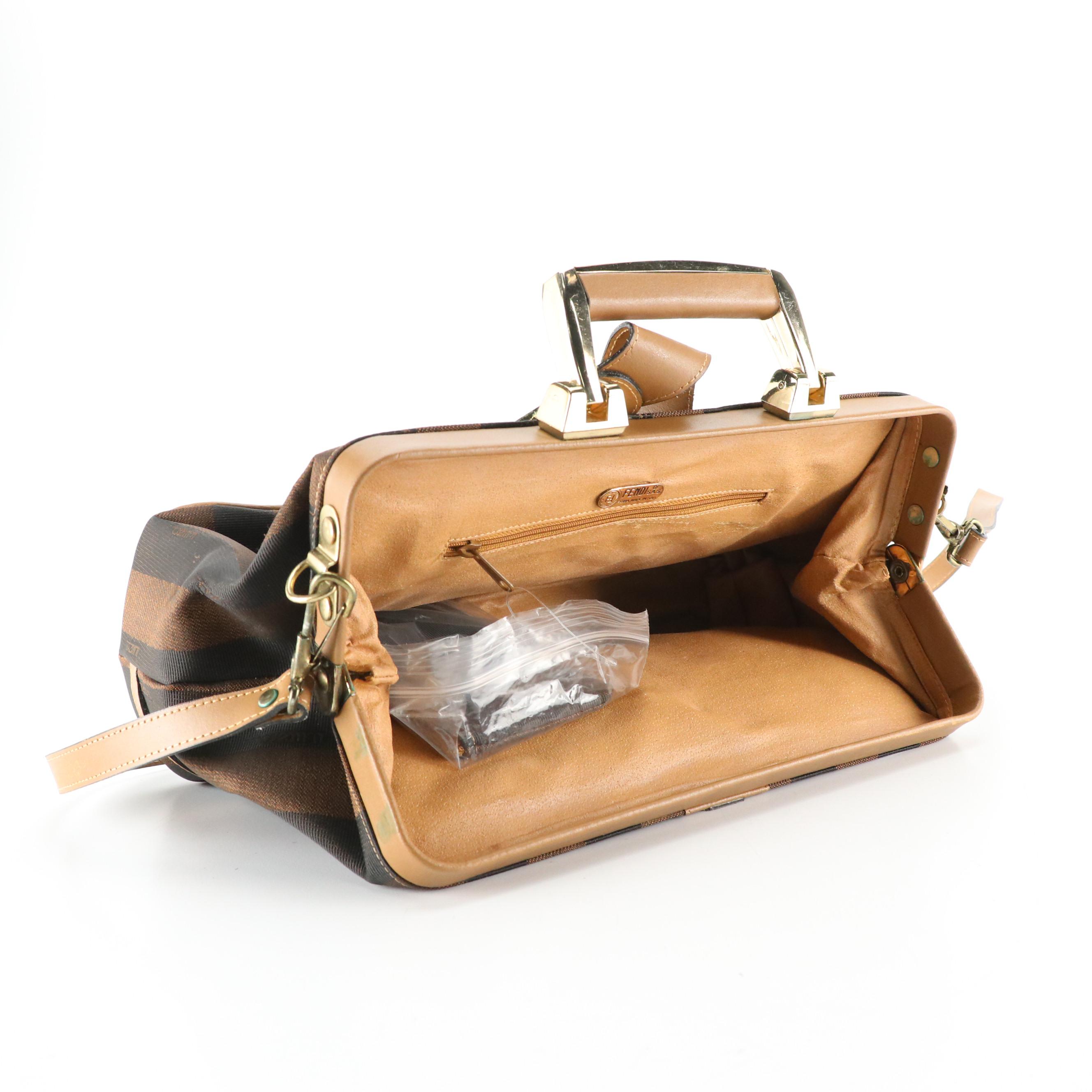 Fendi East-West Handbag in Pequin Stripe Canvas with Leather Trim