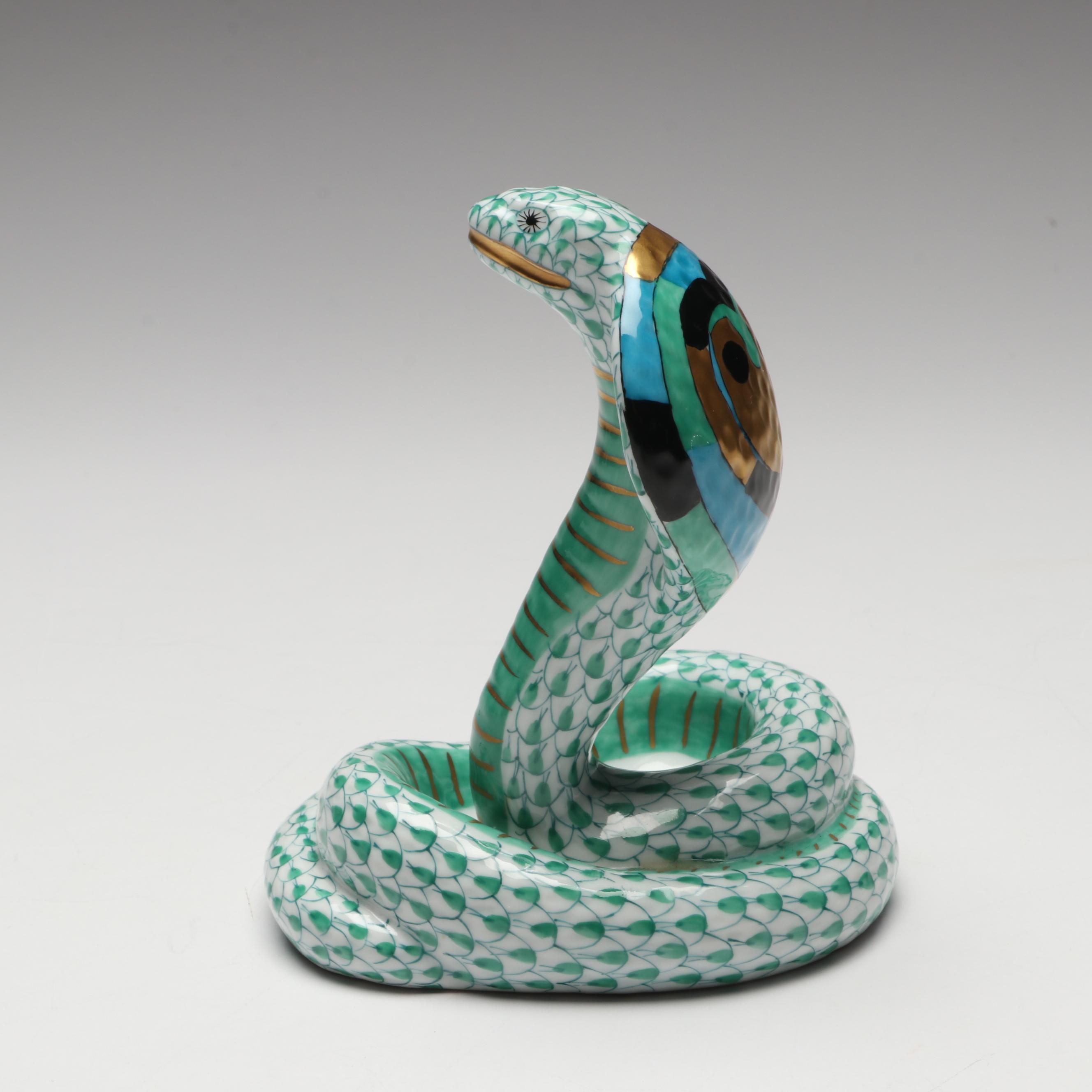 Herend Green Fishnet with Gold "Cobra" Porcelain Figurine