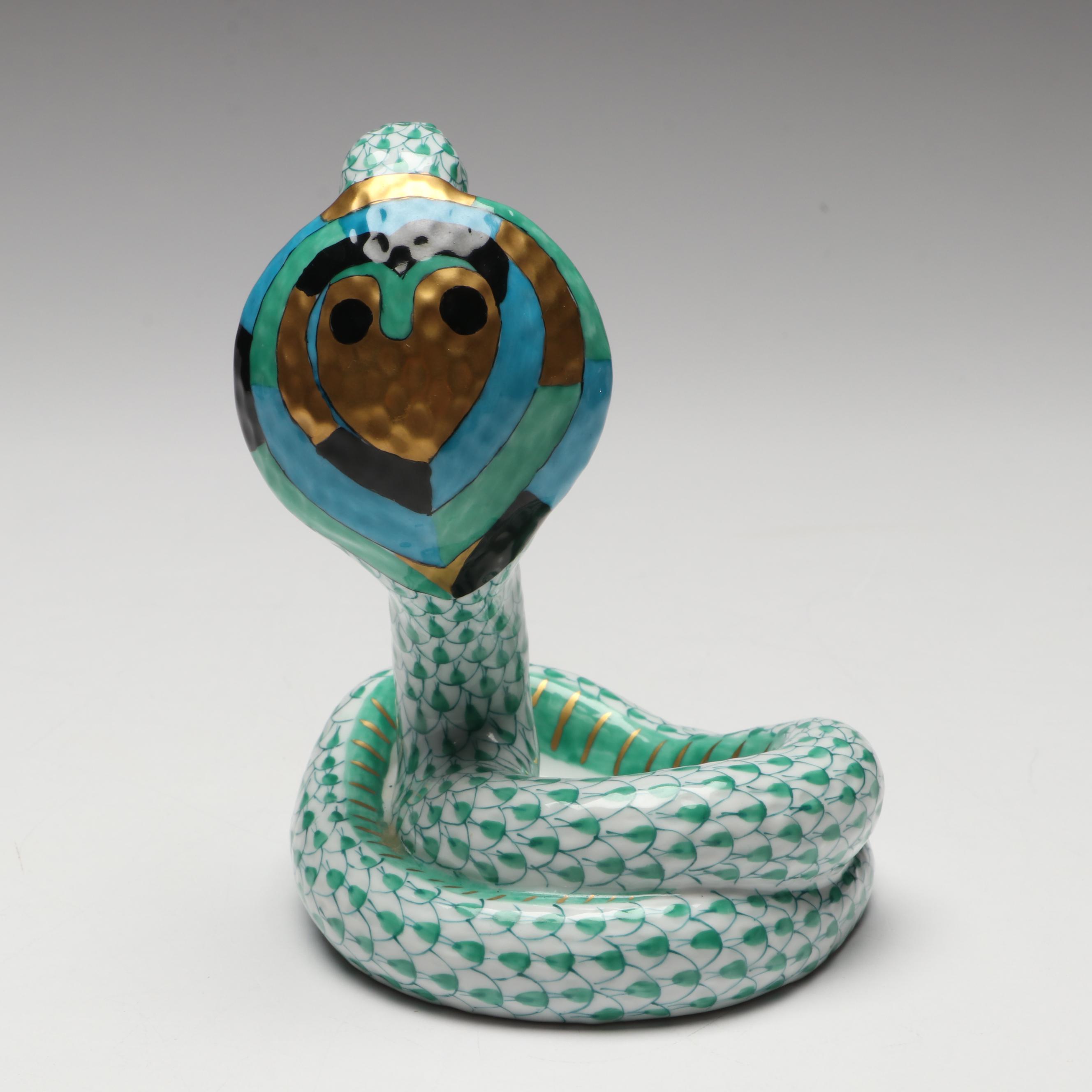 Herend Green Fishnet with Gold "Cobra" Porcelain Figurine
