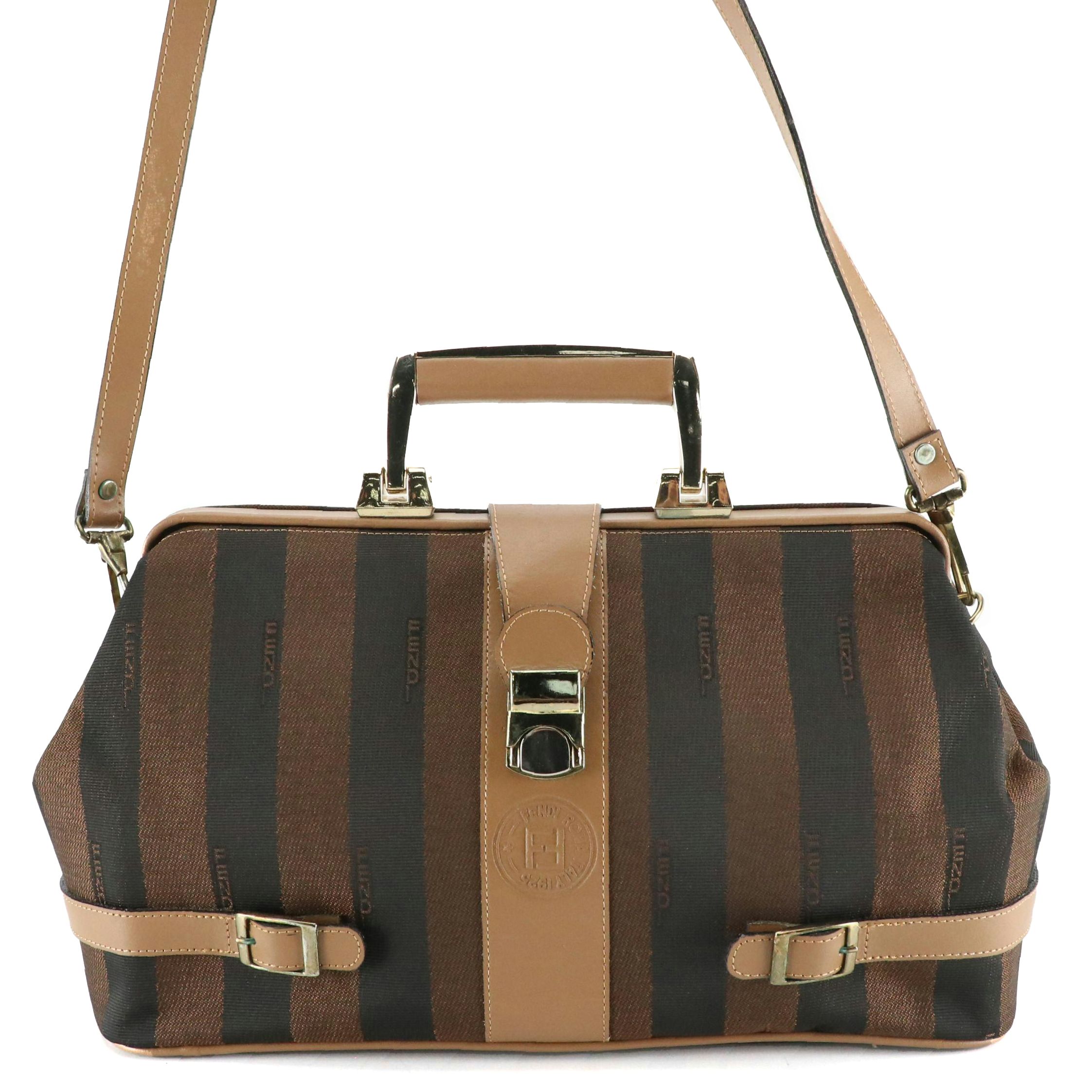 Fendi East-West Handbag in Pequin Stripe Canvas with Leather Trim