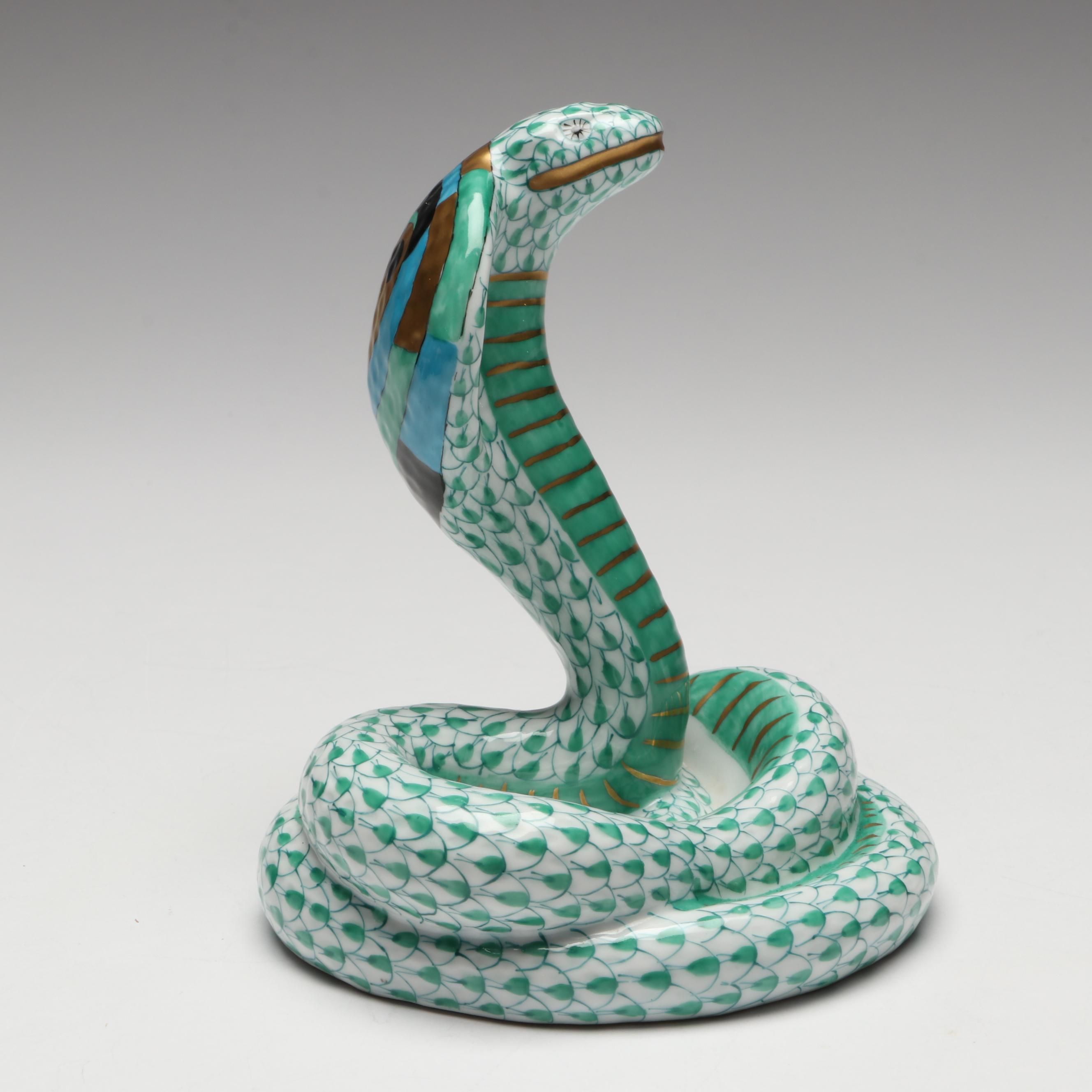 Herend Green Fishnet with Gold "Cobra" Porcelain Figurine