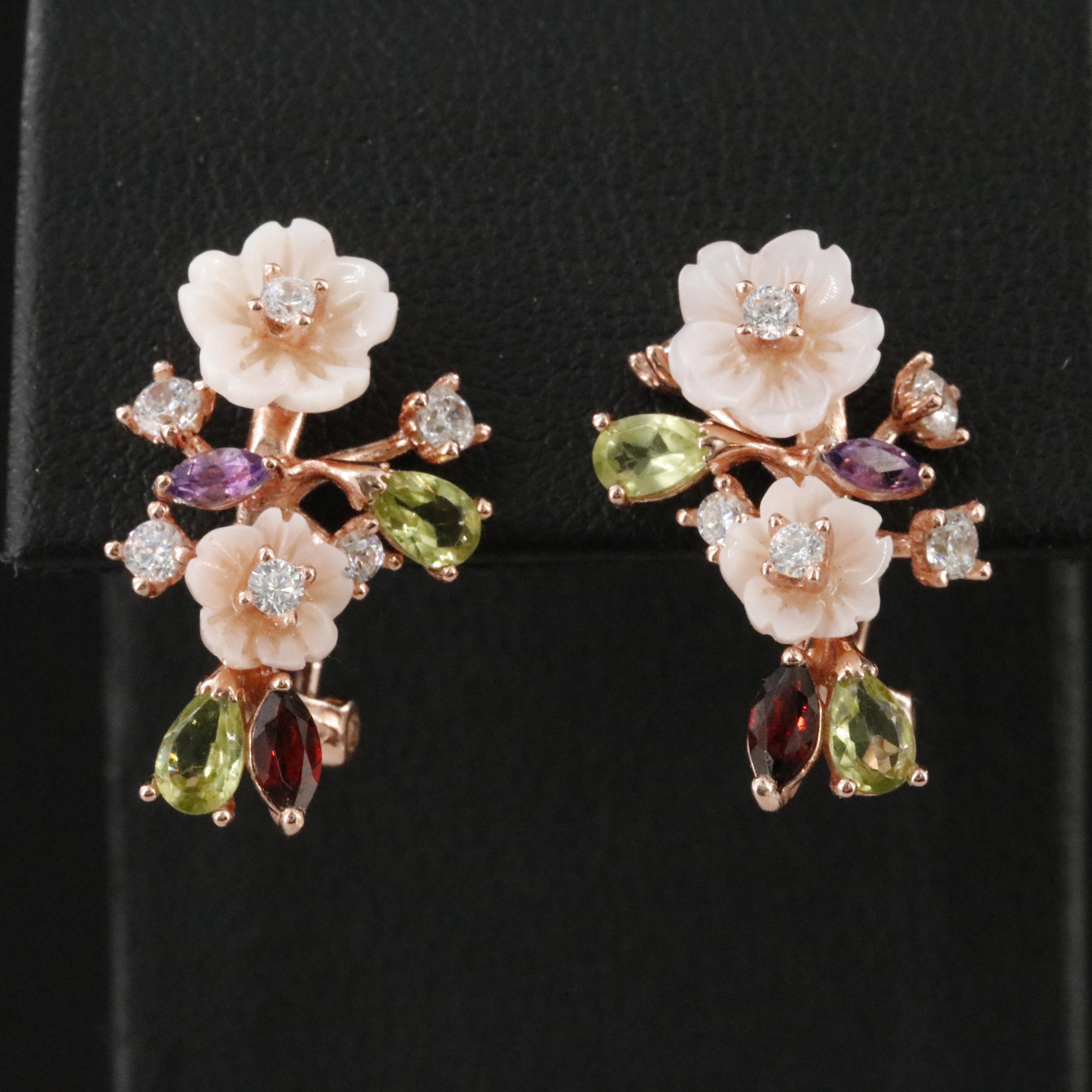 Sterling CZ, Peridot, and Garnet Earrings