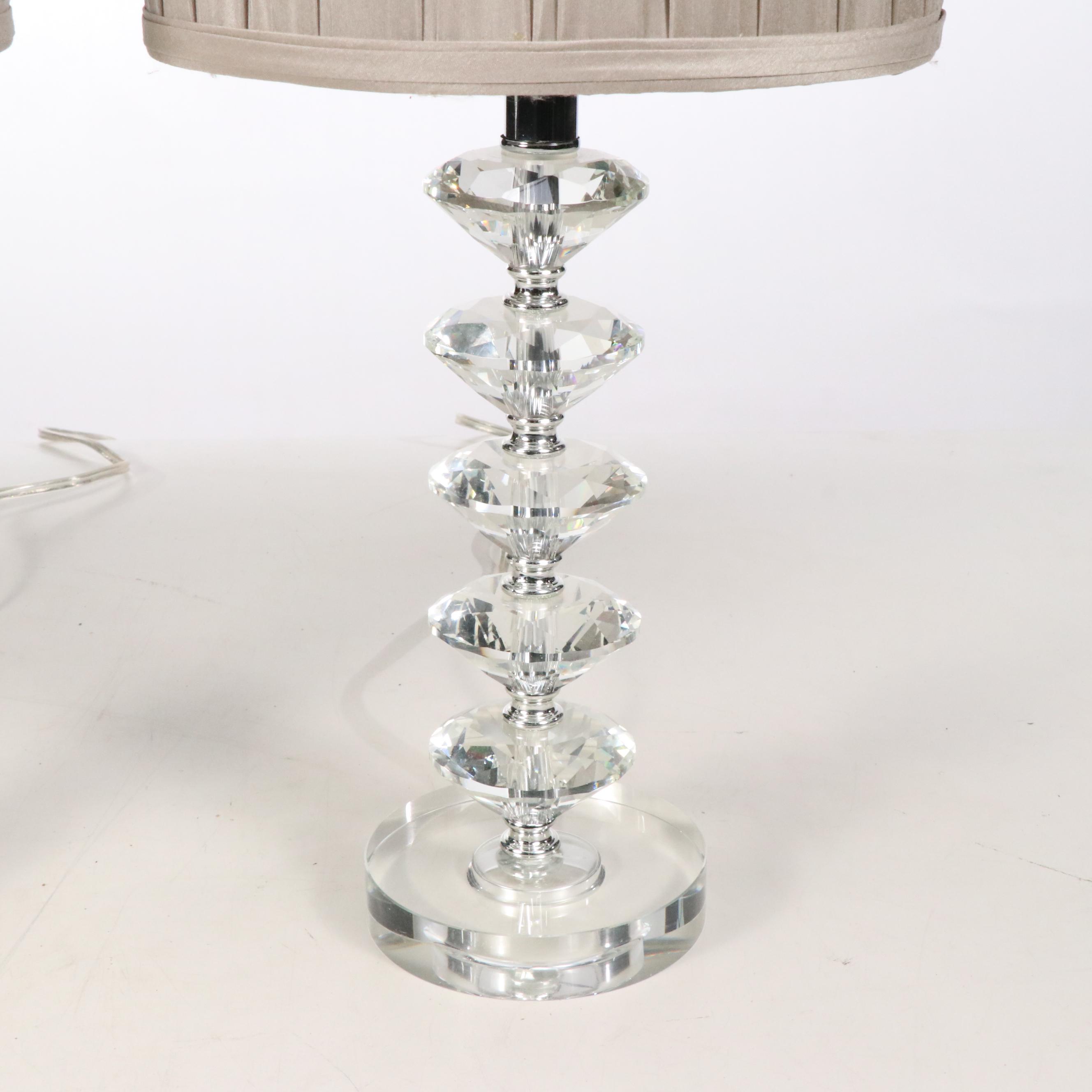 Contemporary Crystal Table Lamps with Pleated Silk Shades