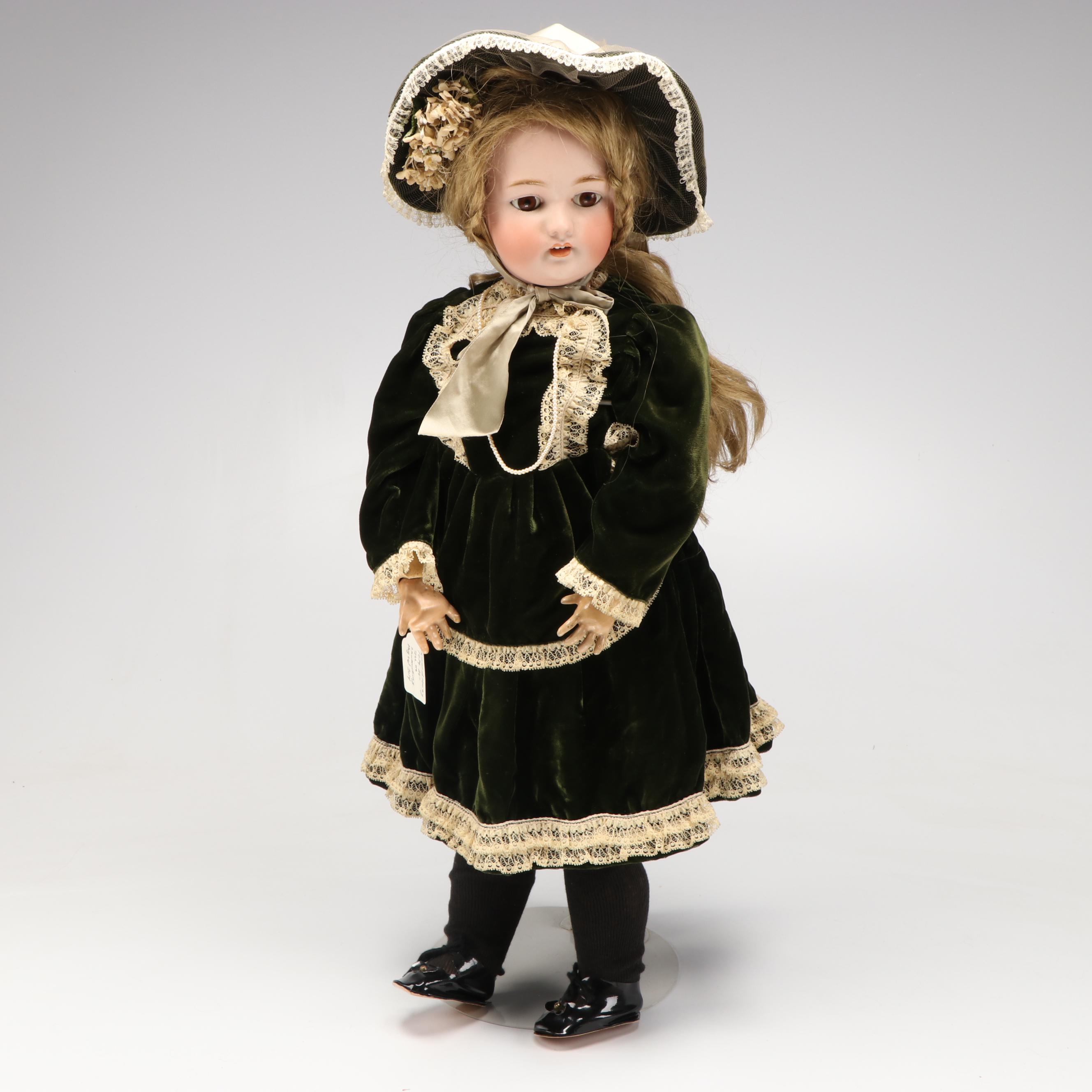 Simon & Halbig 1079 Bisque Head Doll with Green Velvet Dress, Early 20th Century
