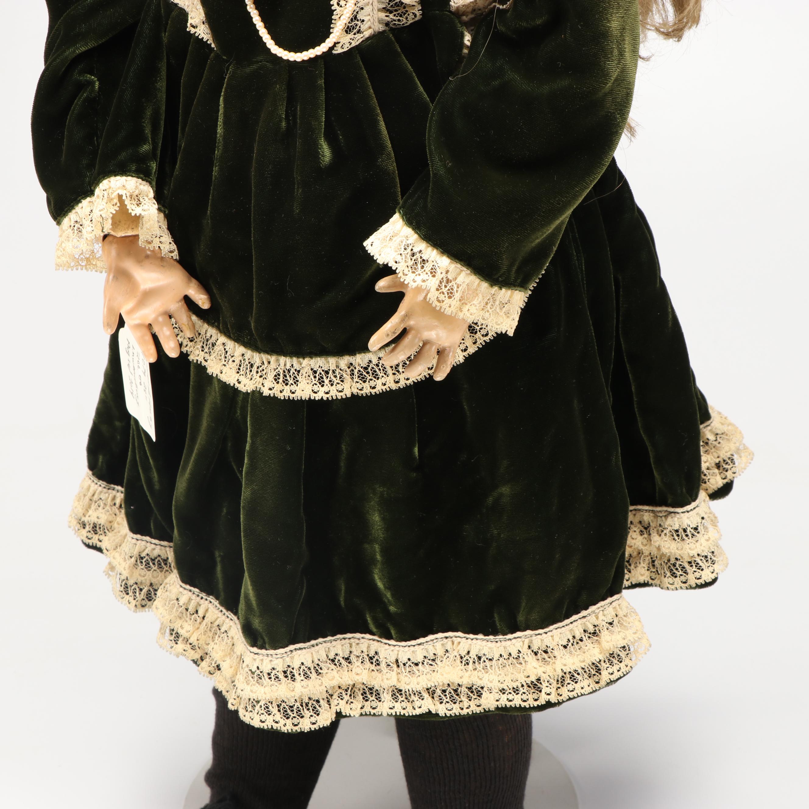 Simon & Halbig 1079 Bisque Head Doll with Green Velvet Dress, Early 20th Century