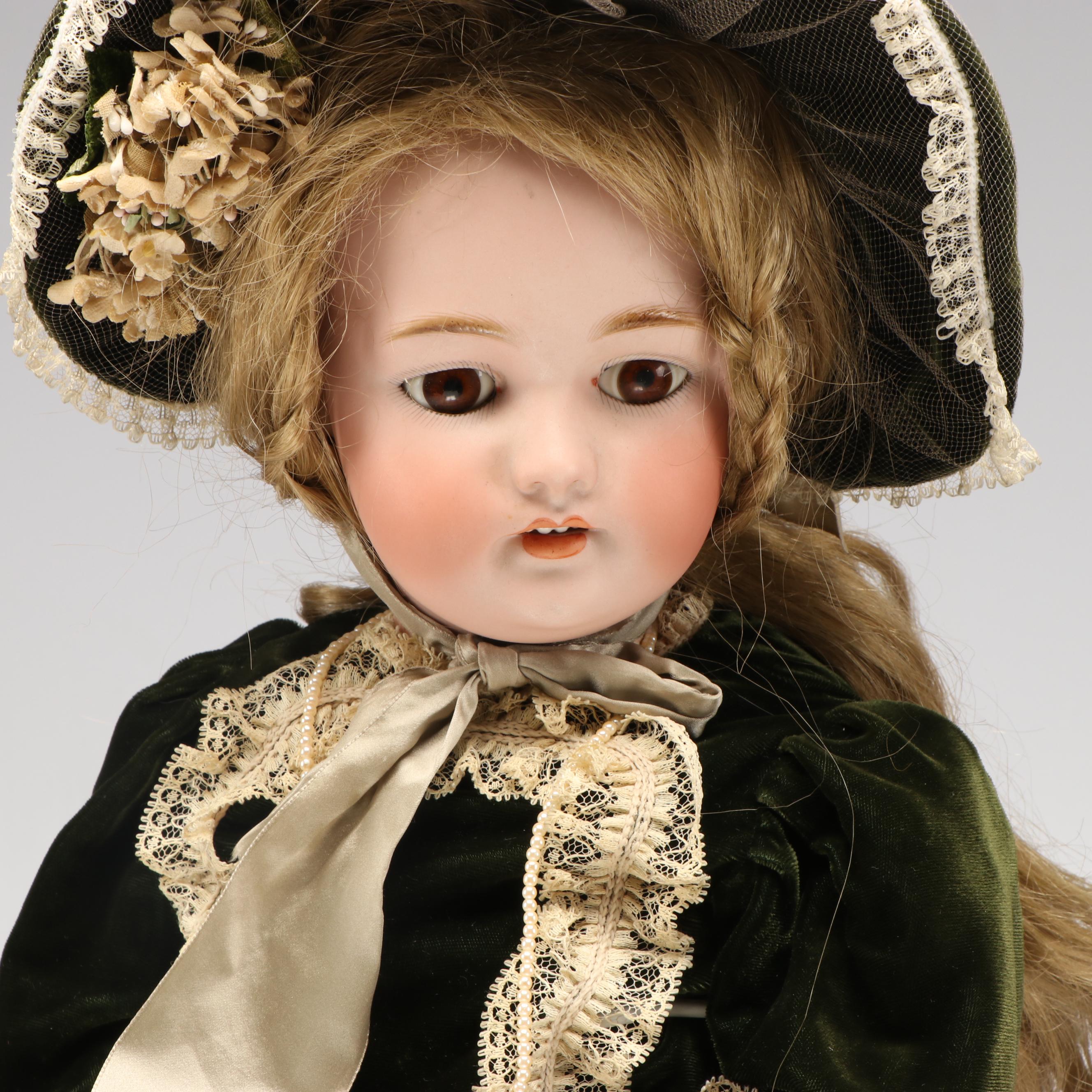 Simon & Halbig 1079 Bisque Head Doll with Green Velvet Dress, Early 20th Century