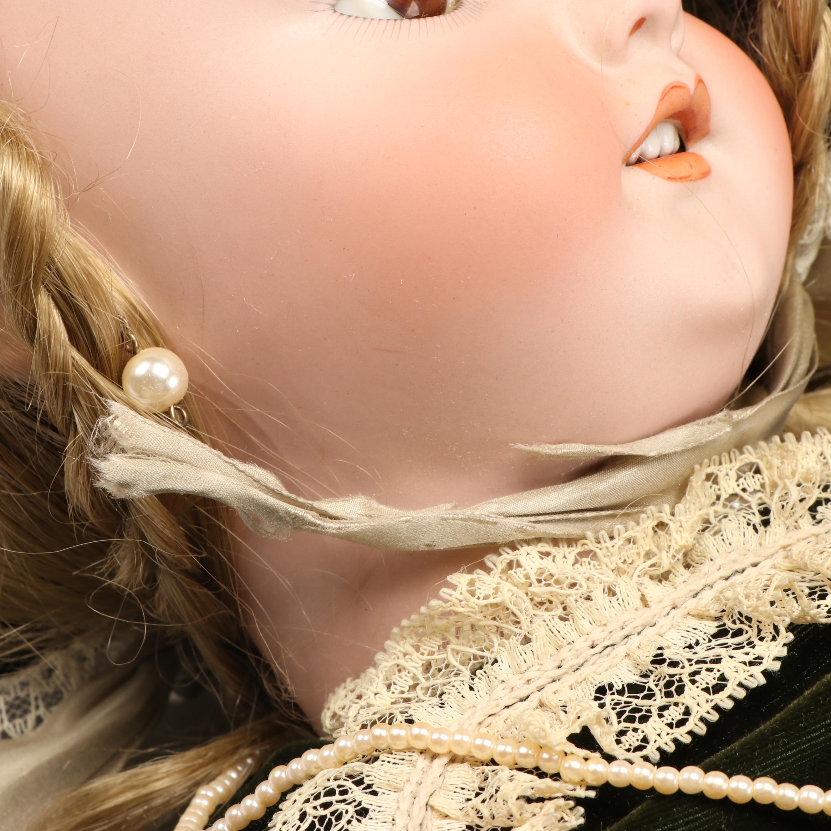 Simon & Halbig 1079 Bisque Head Doll with Green Velvet Dress, Early 20th Century