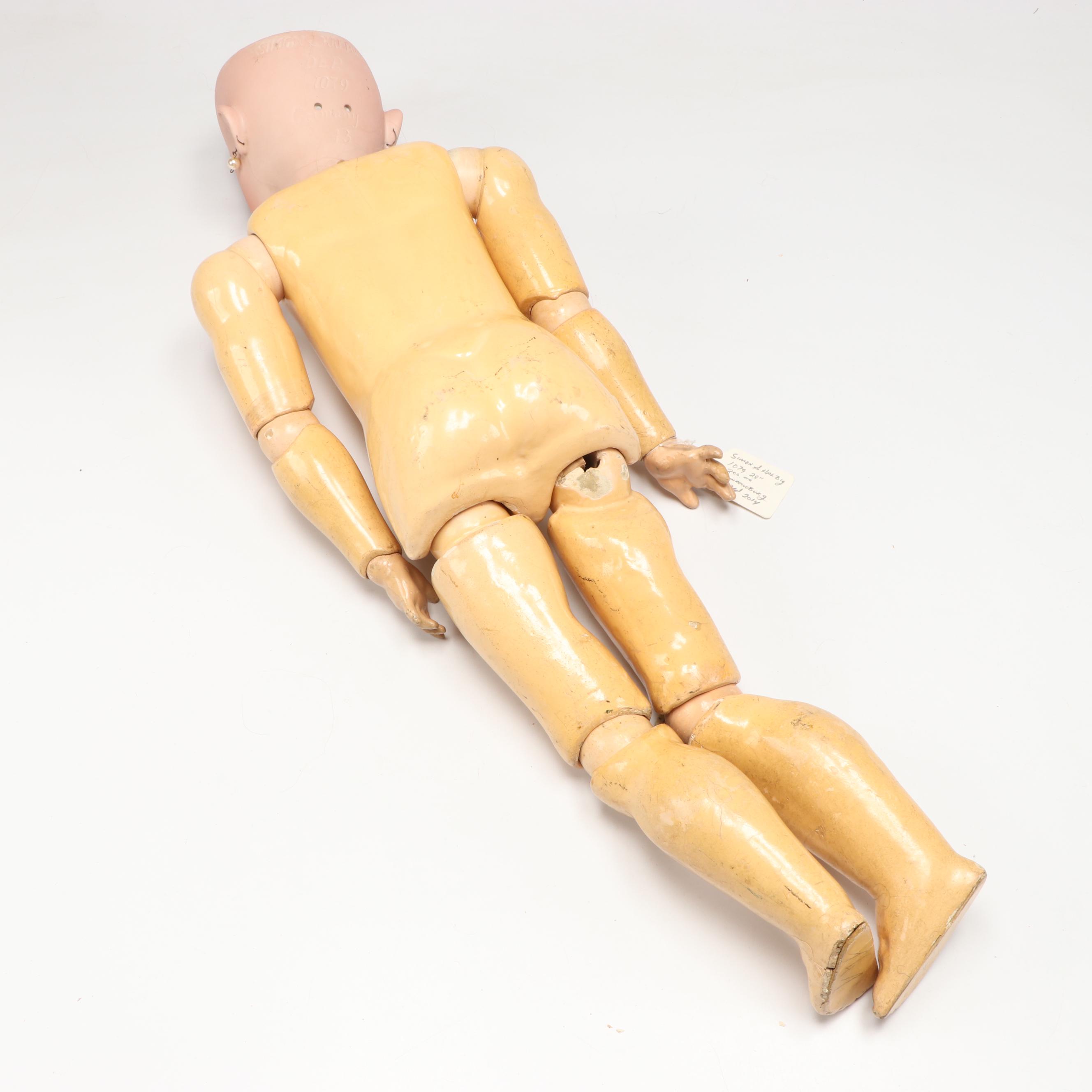 Simon & Halbig 1079 Bisque Head Doll with Green Velvet Dress, Early 20th Century