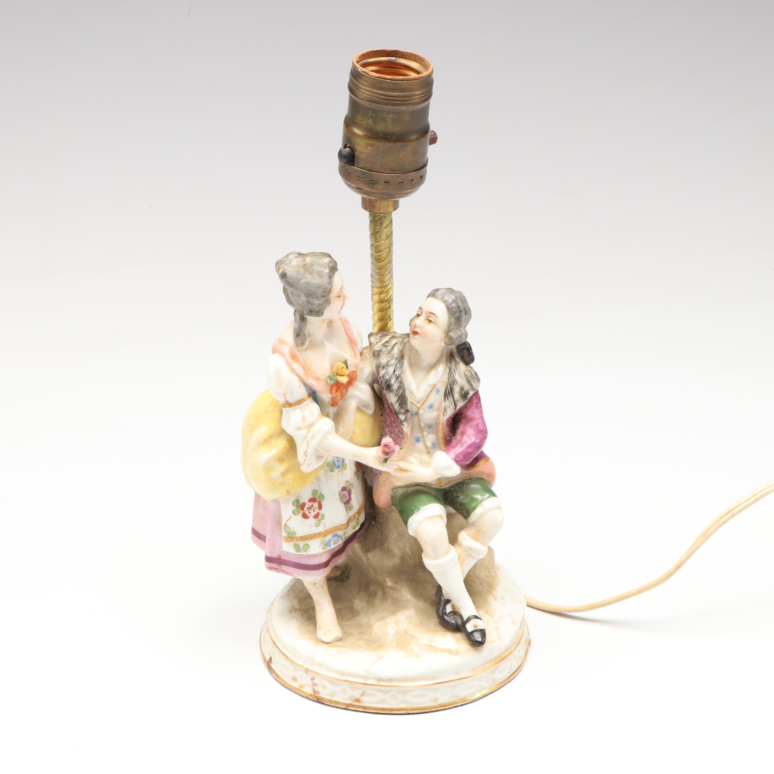 Rococo Style Hand-Painted Ceramic Couple Ornamental Accent Lamp