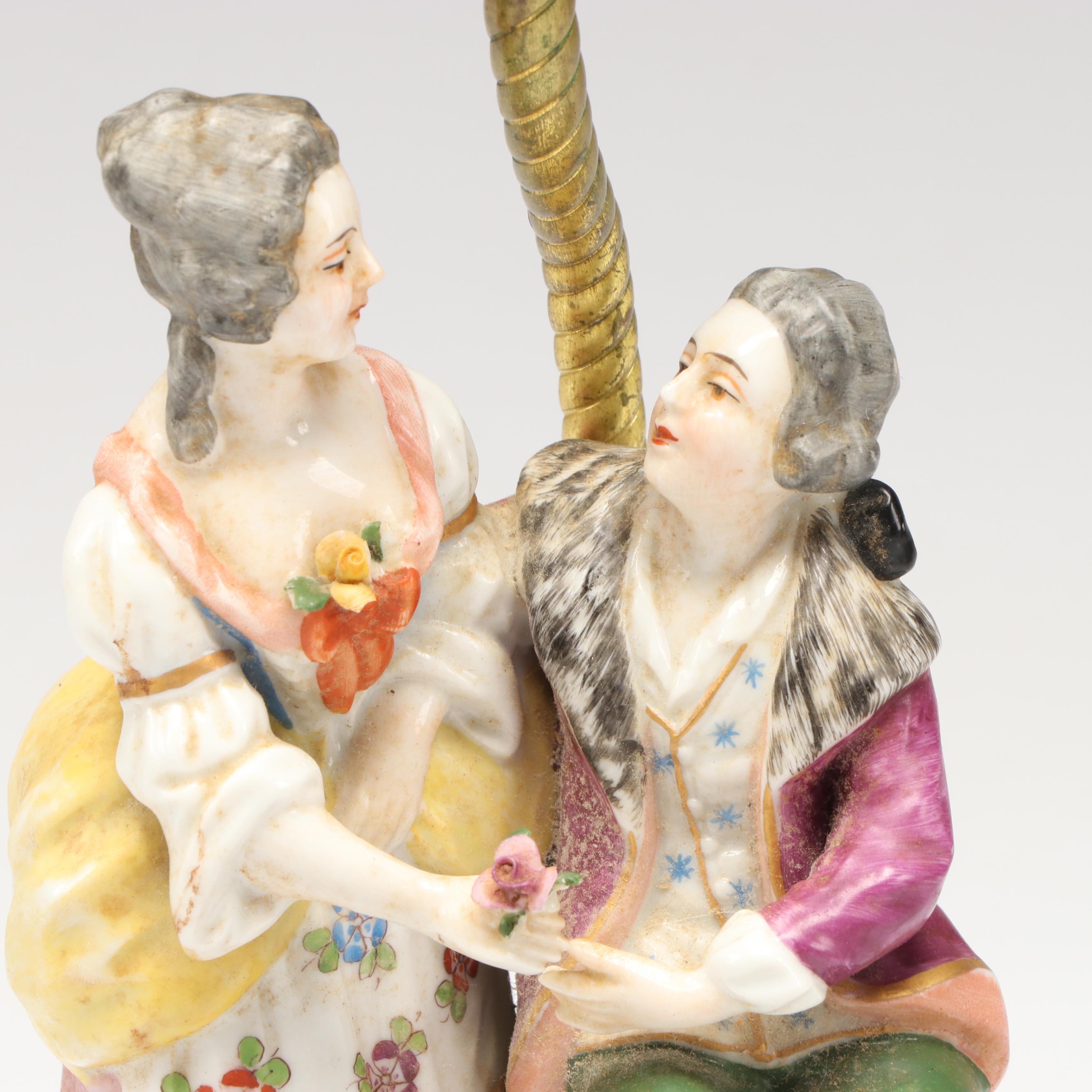 Rococo Style Hand-Painted Ceramic Couple Ornamental Accent Lamp