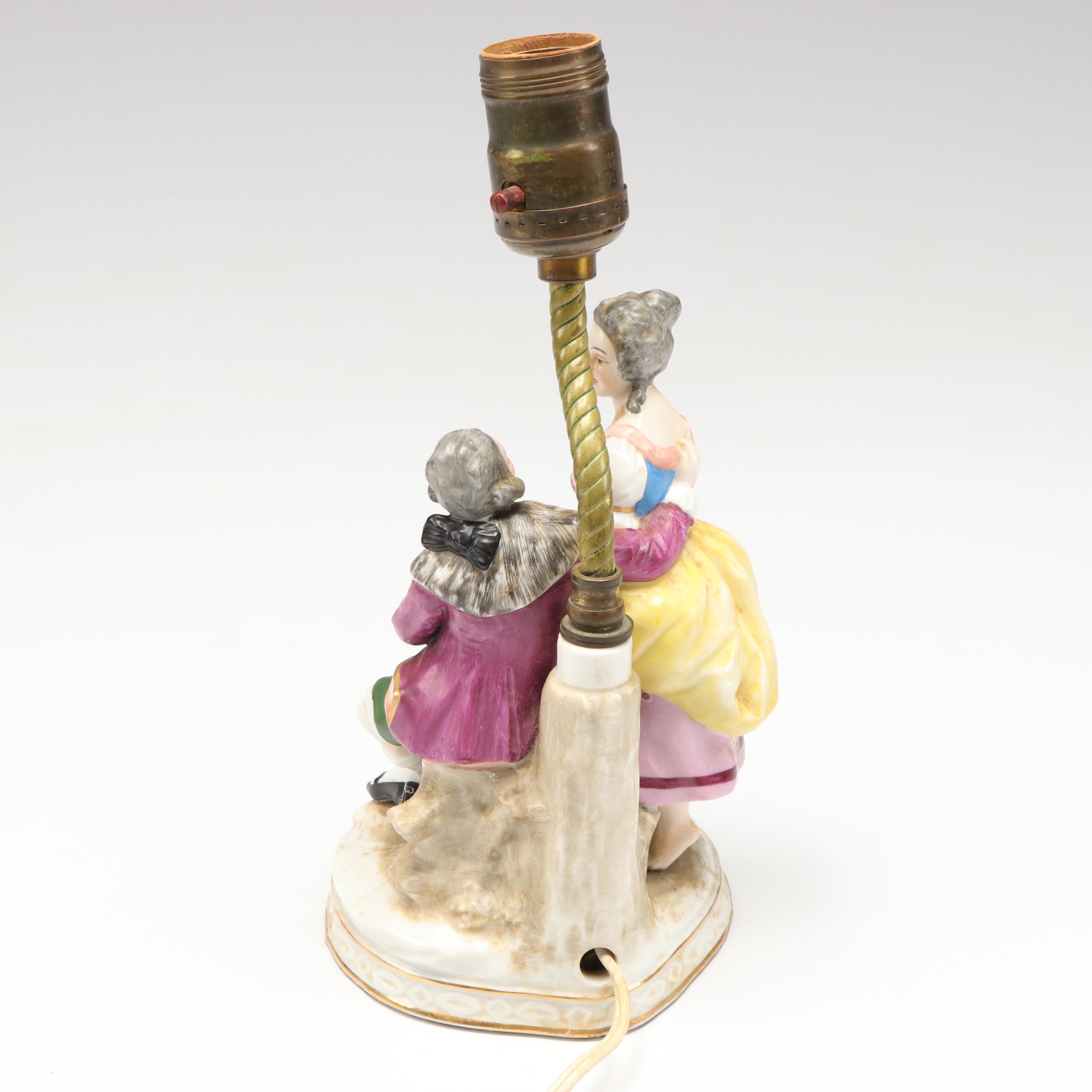 Rococo Style Hand-Painted Ceramic Couple Ornamental Accent Lamp