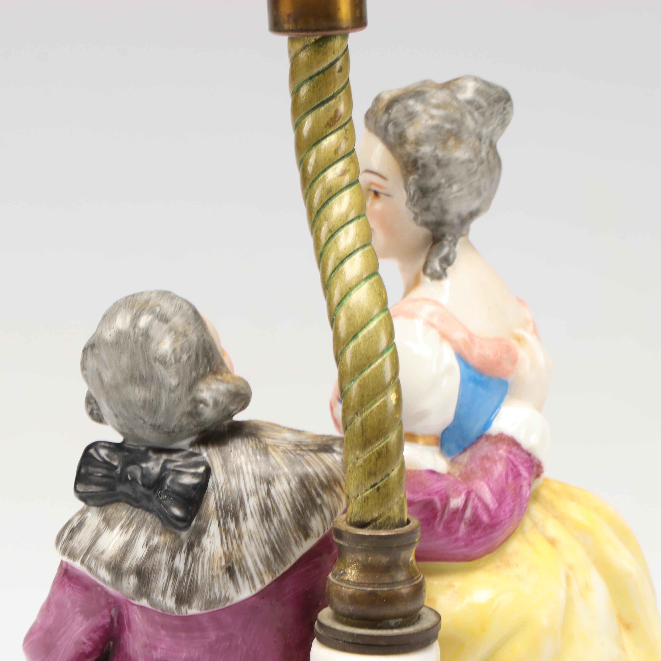 Rococo Style Hand-Painted Ceramic Couple Ornamental Accent Lamp