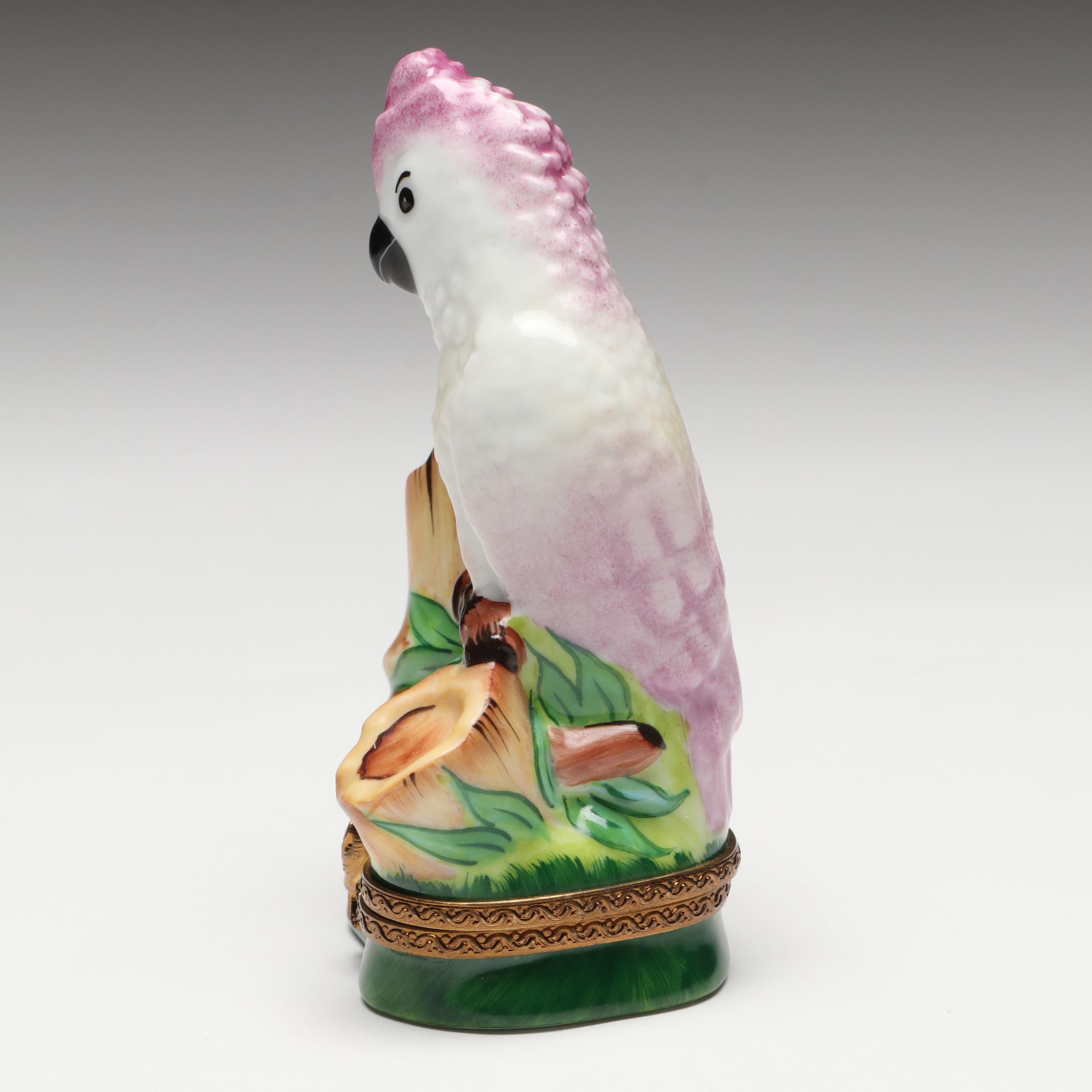 Parry Vieille French Limoges Pink Cockatoo Porcelain Box