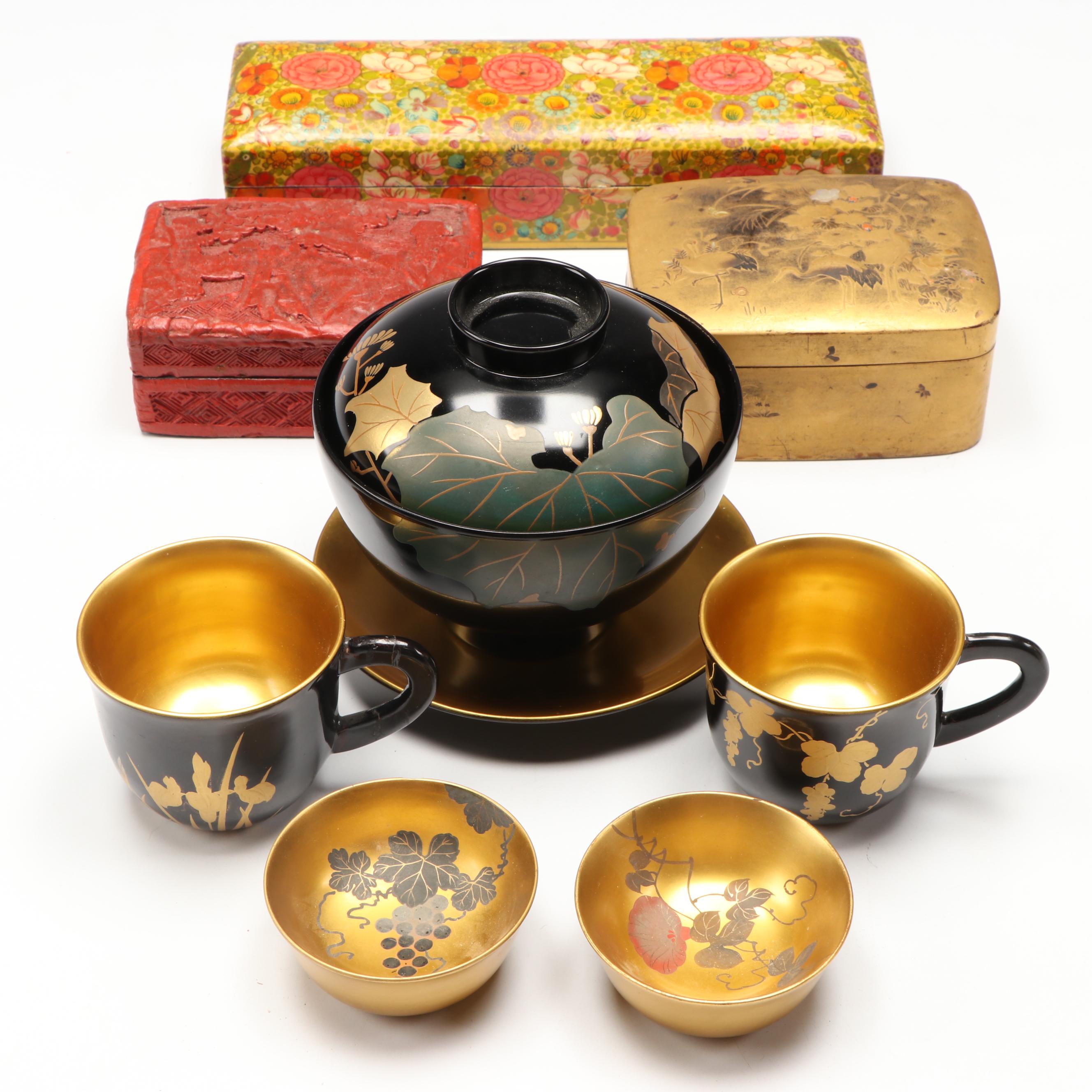 Japanese Urushi Lacquerware Rice Bowl, Lid & Saucer, with Cups, More