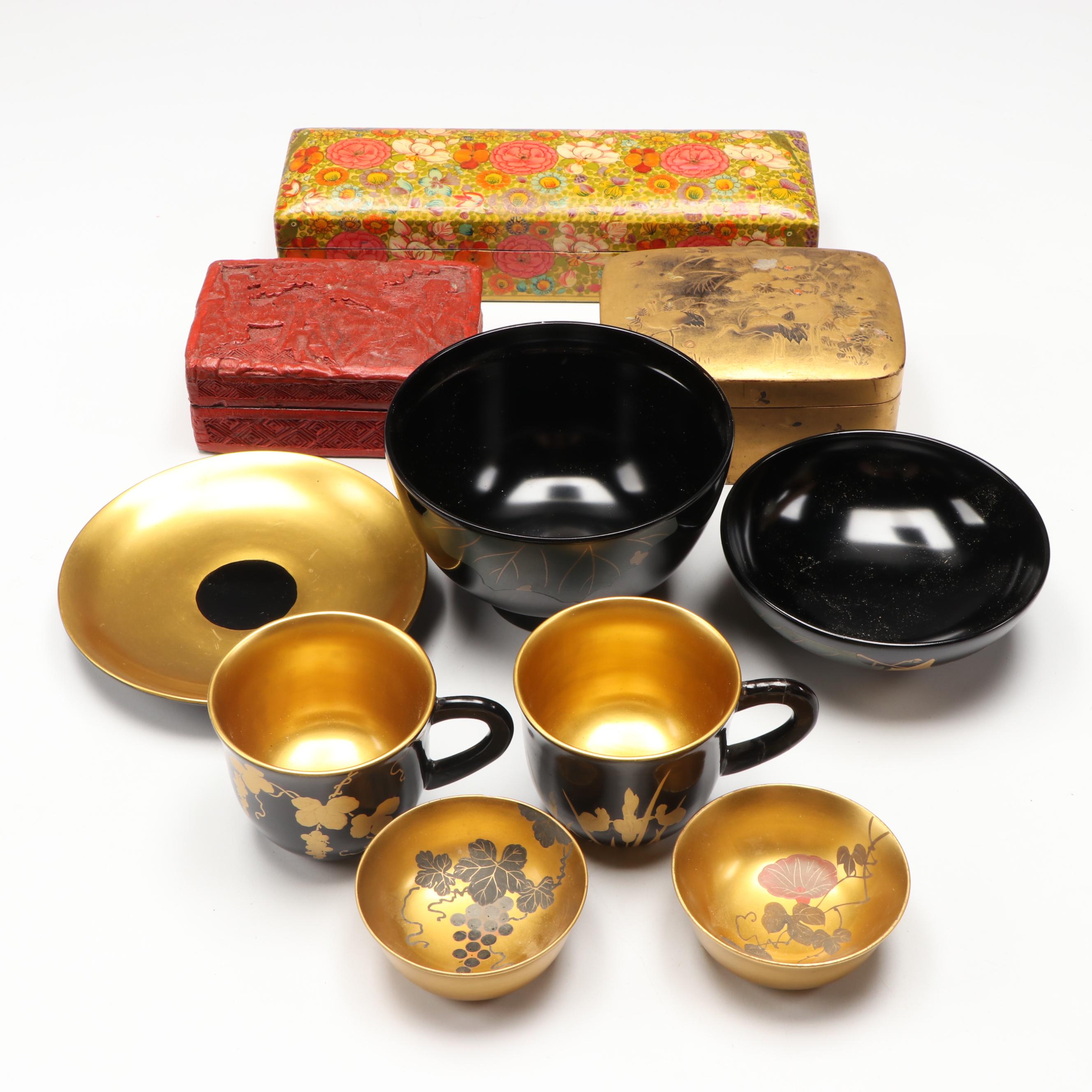 Japanese Urushi Lacquerware Rice Bowl, Lid & Saucer, with Cups, More