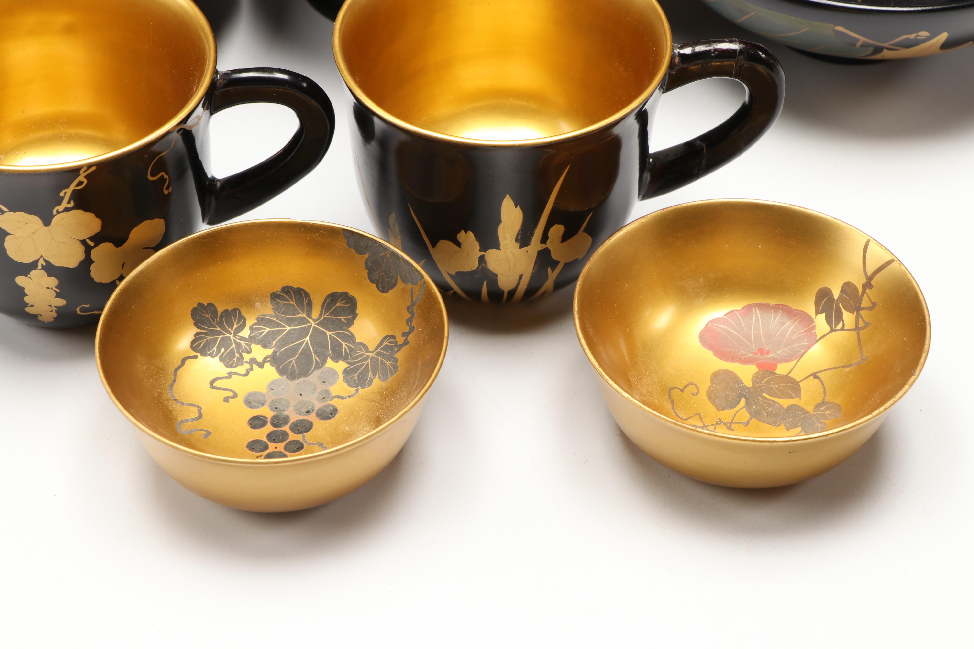 Japanese Urushi Lacquerware Rice Bowl, Lid & Saucer, with Cups, More