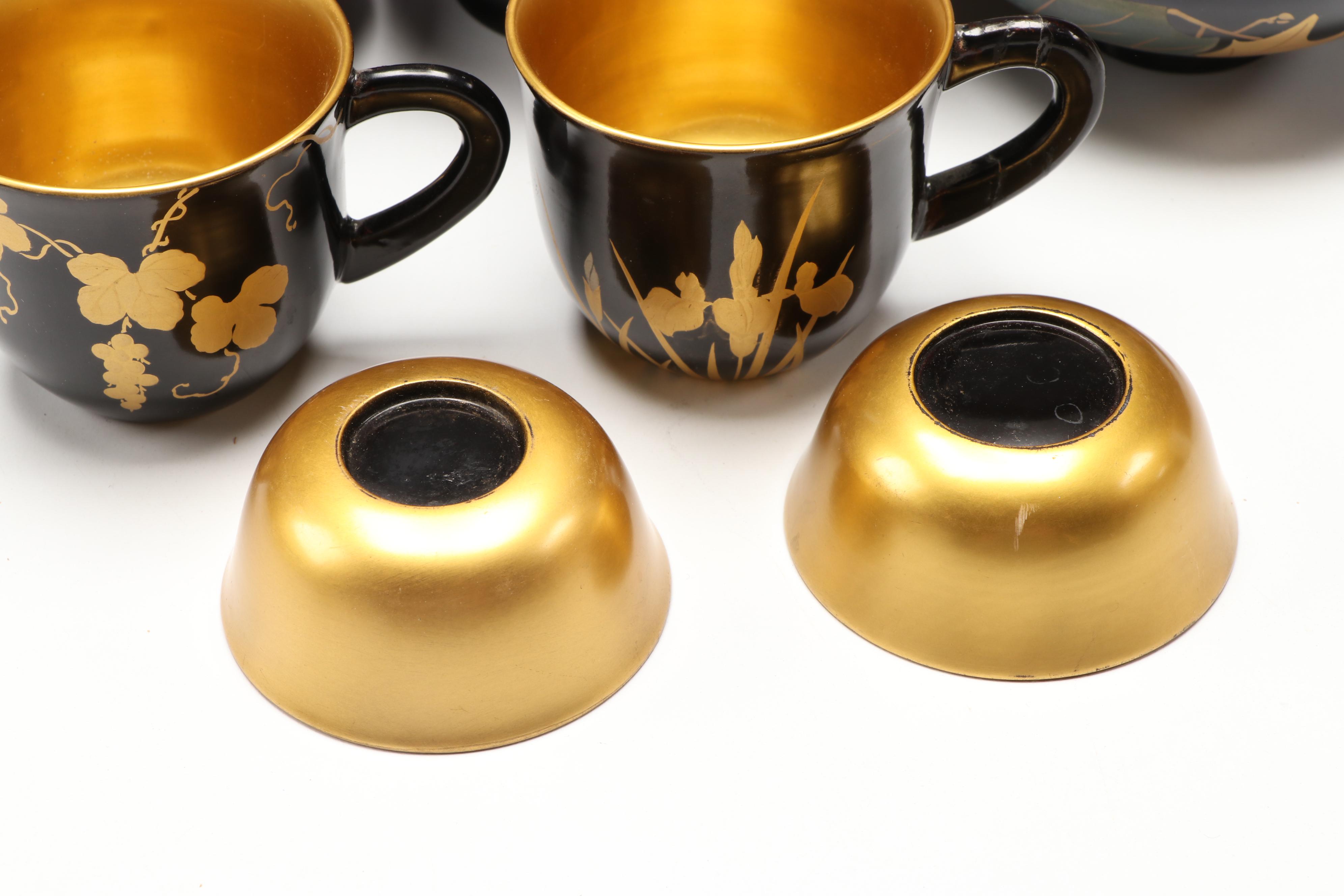 Japanese Urushi Lacquerware Rice Bowl, Lid & Saucer, with Cups, More