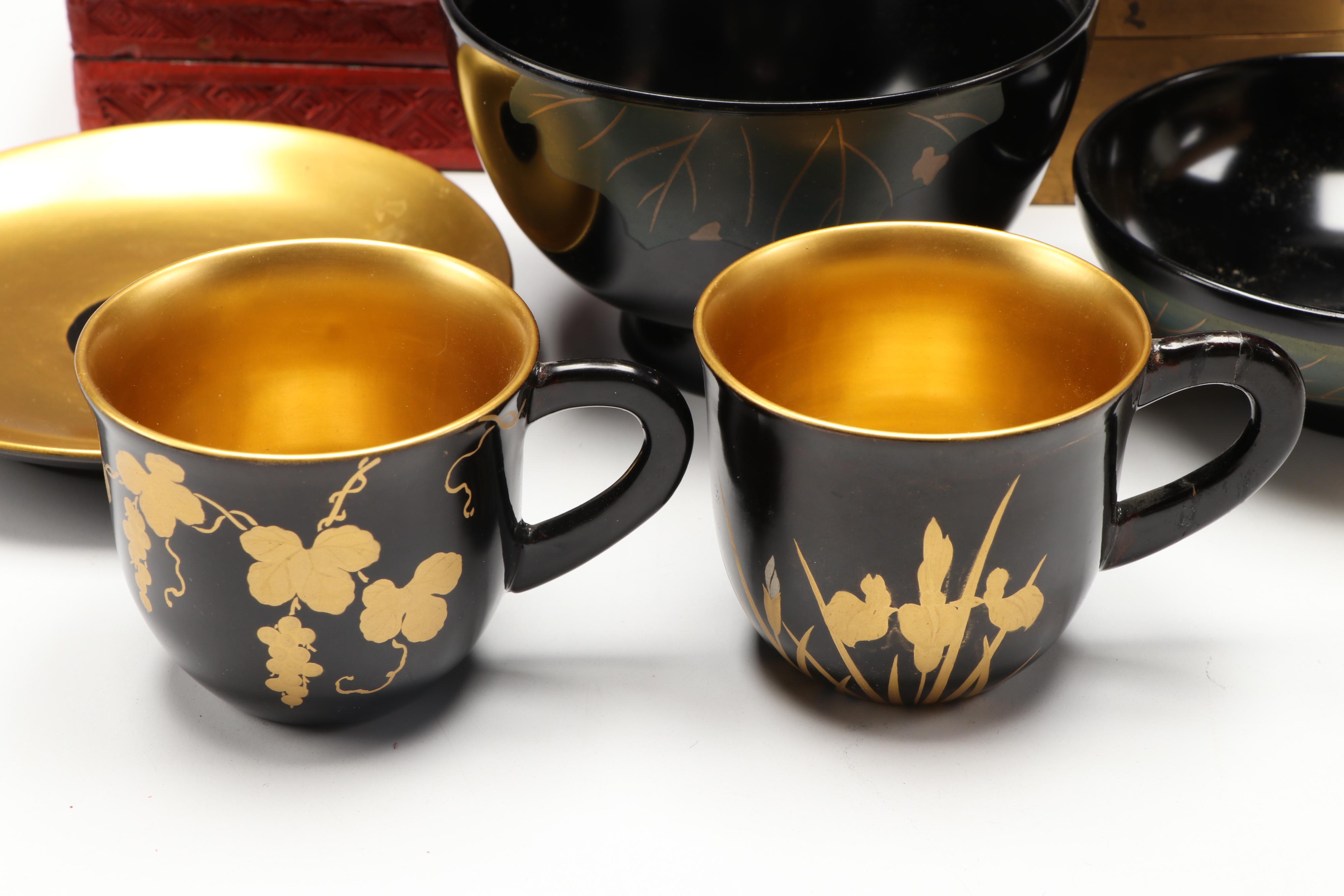 Japanese Urushi Lacquerware Rice Bowl, Lid & Saucer, with Cups, More