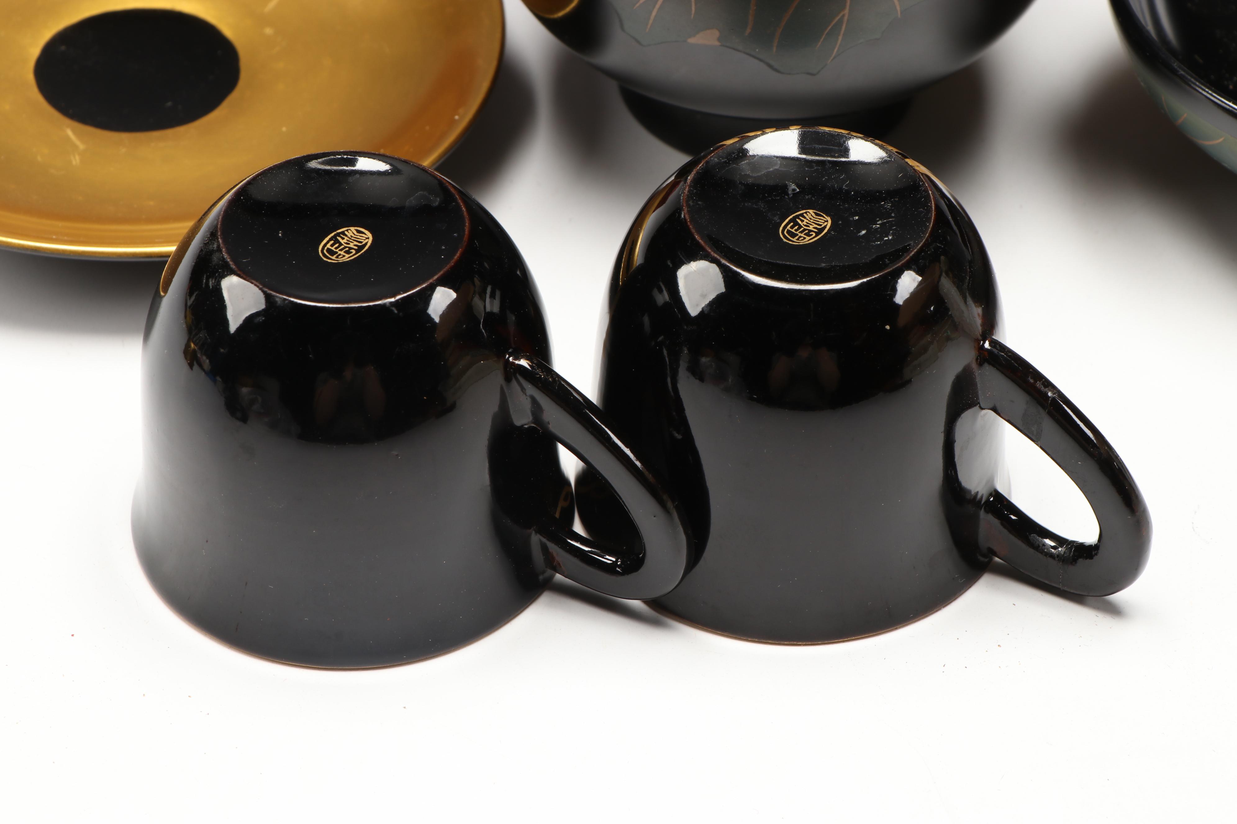 Japanese Urushi Lacquerware Rice Bowl, Lid & Saucer, with Cups, More