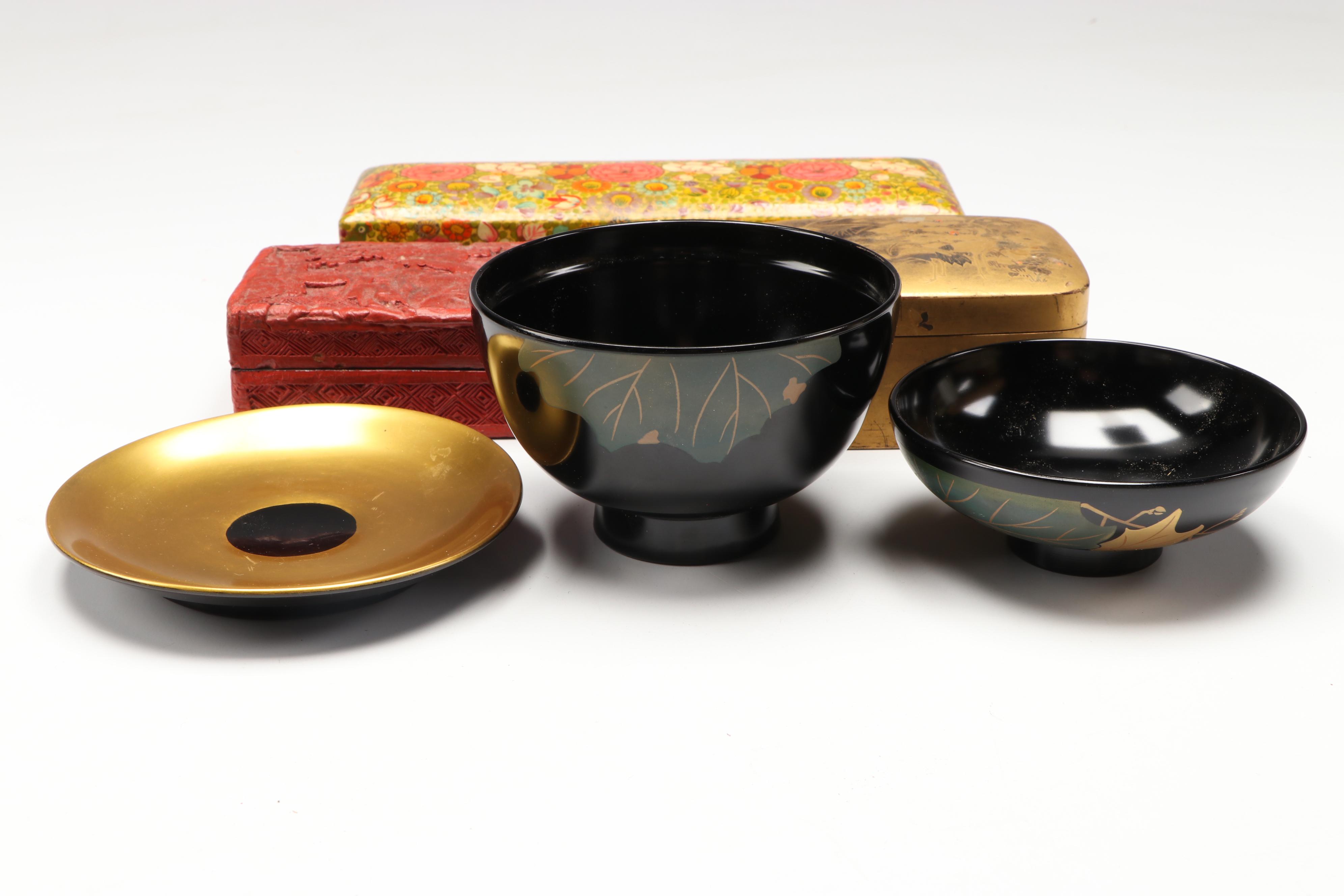 Japanese Urushi Lacquerware Rice Bowl, Lid & Saucer, with Cups, More