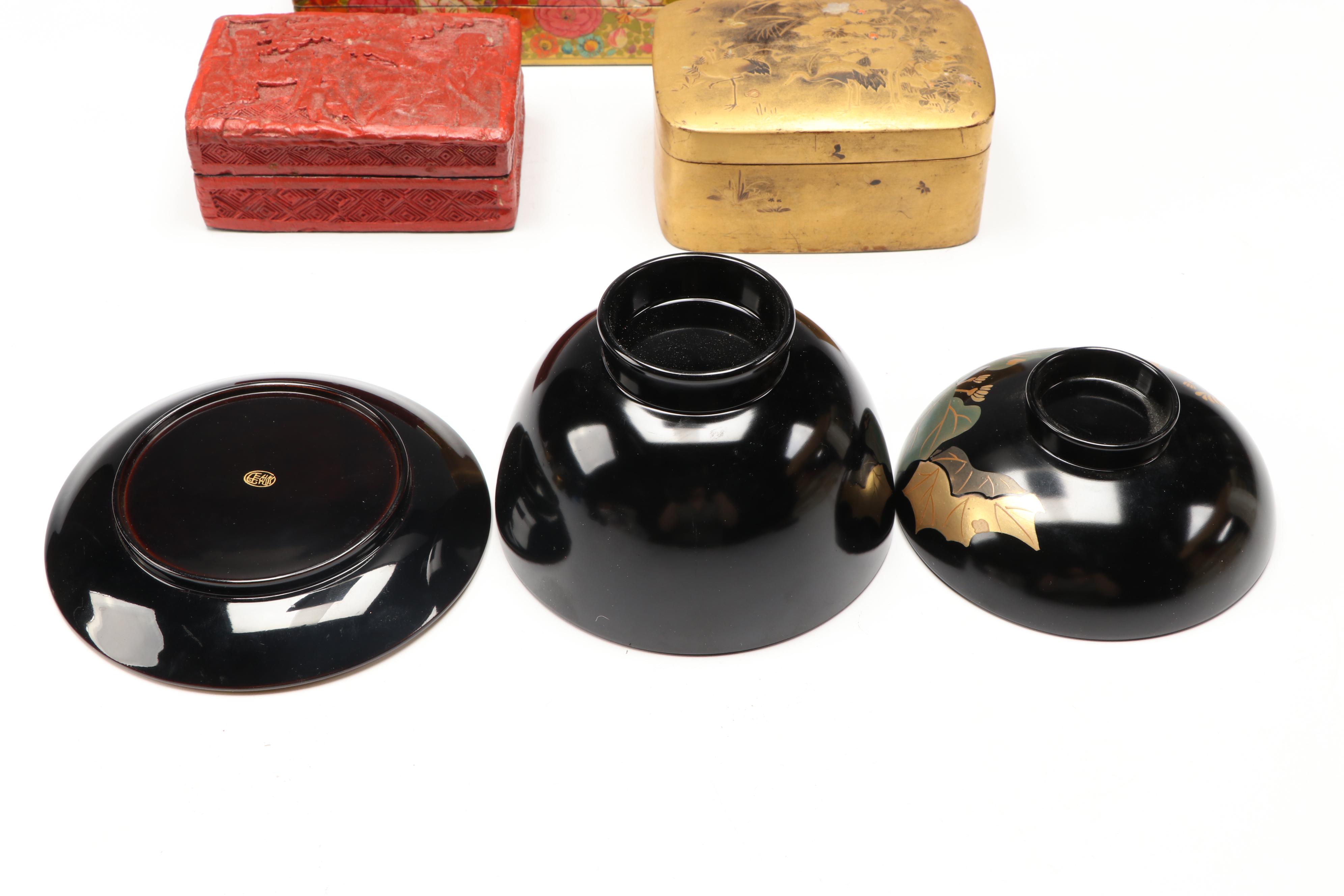 Japanese Urushi Lacquerware Rice Bowl, Lid & Saucer, with Cups, More