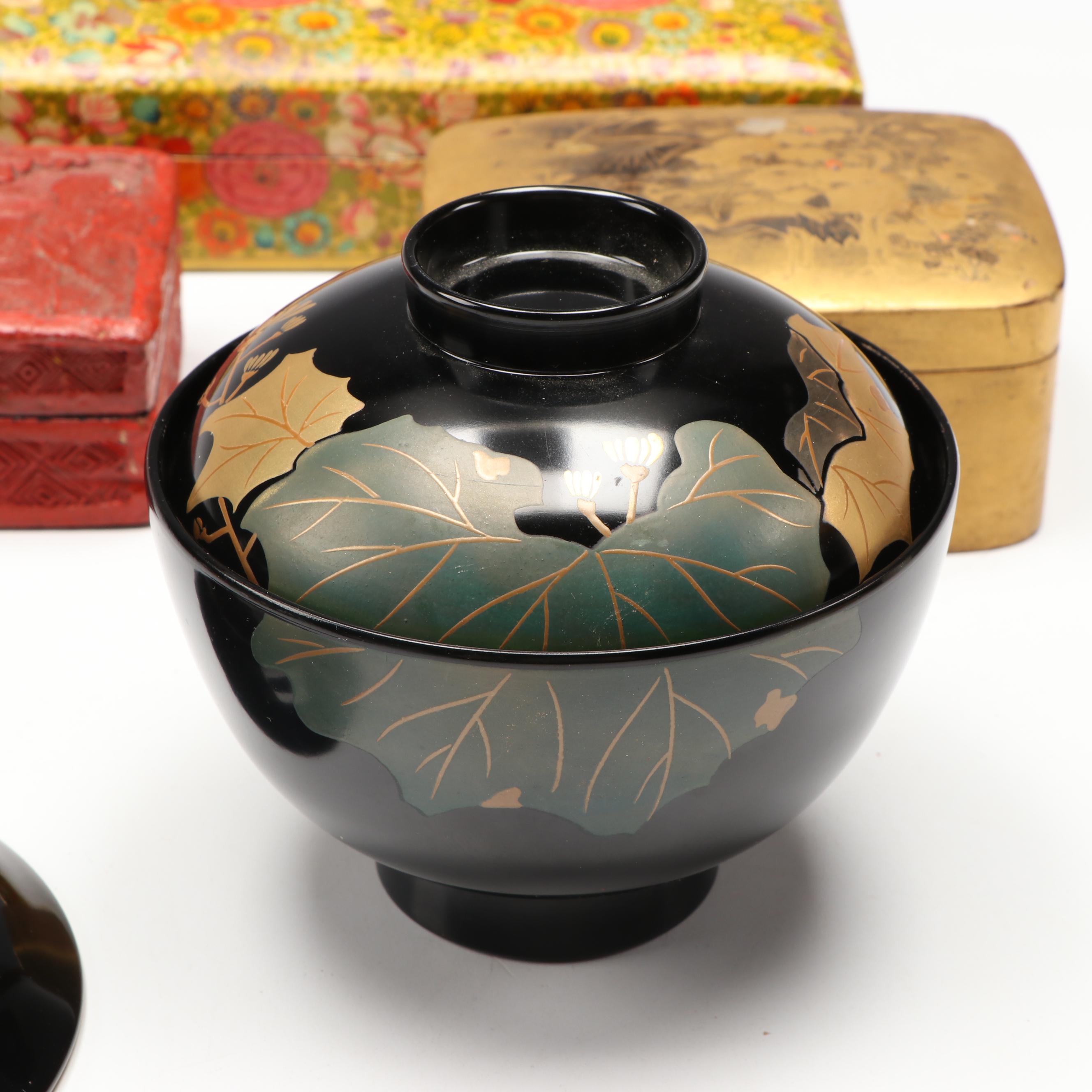 Japanese Urushi Lacquerware Rice Bowl, Lid & Saucer, with Cups, More