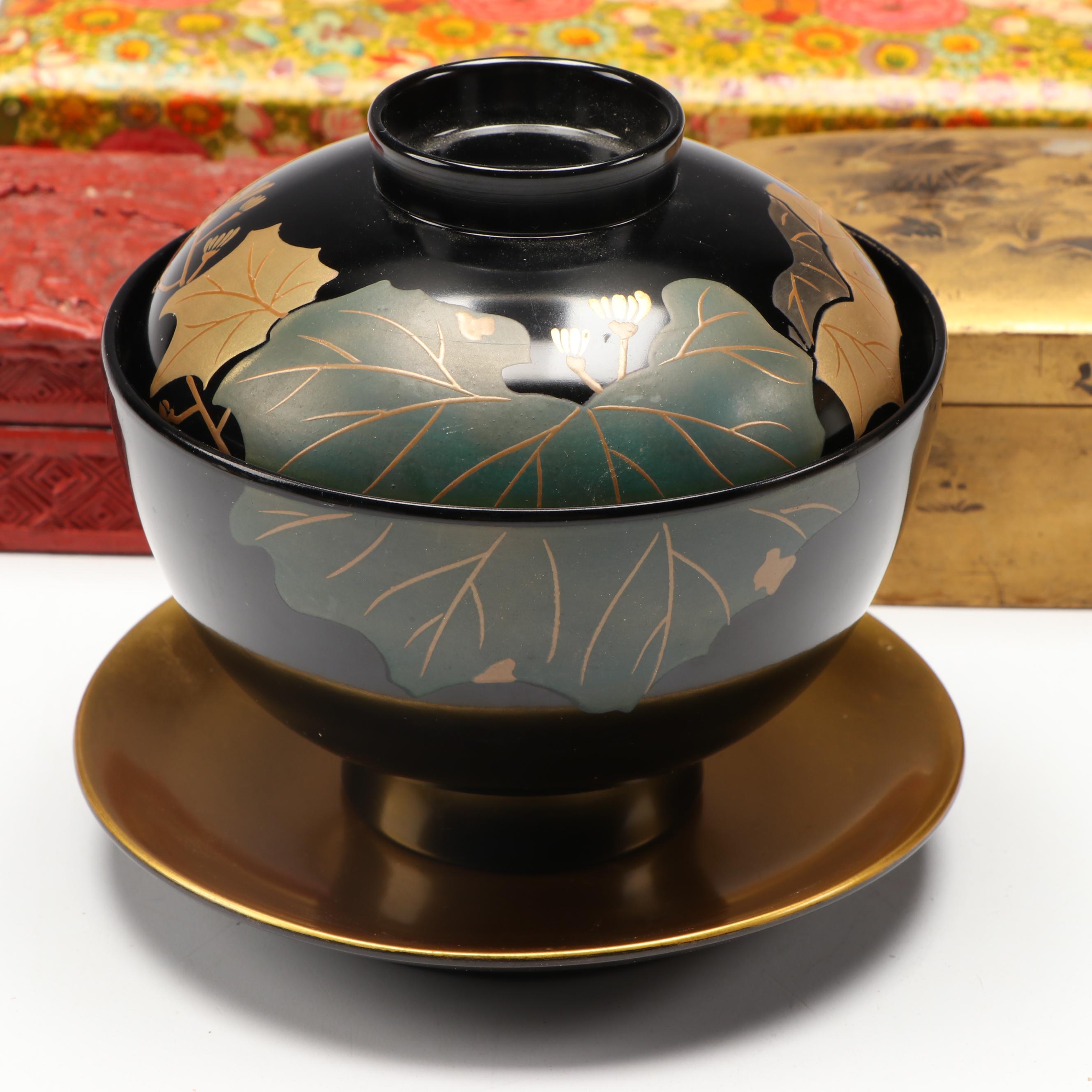 Japanese Urushi Lacquerware Rice Bowl, Lid & Saucer, with Cups, More
