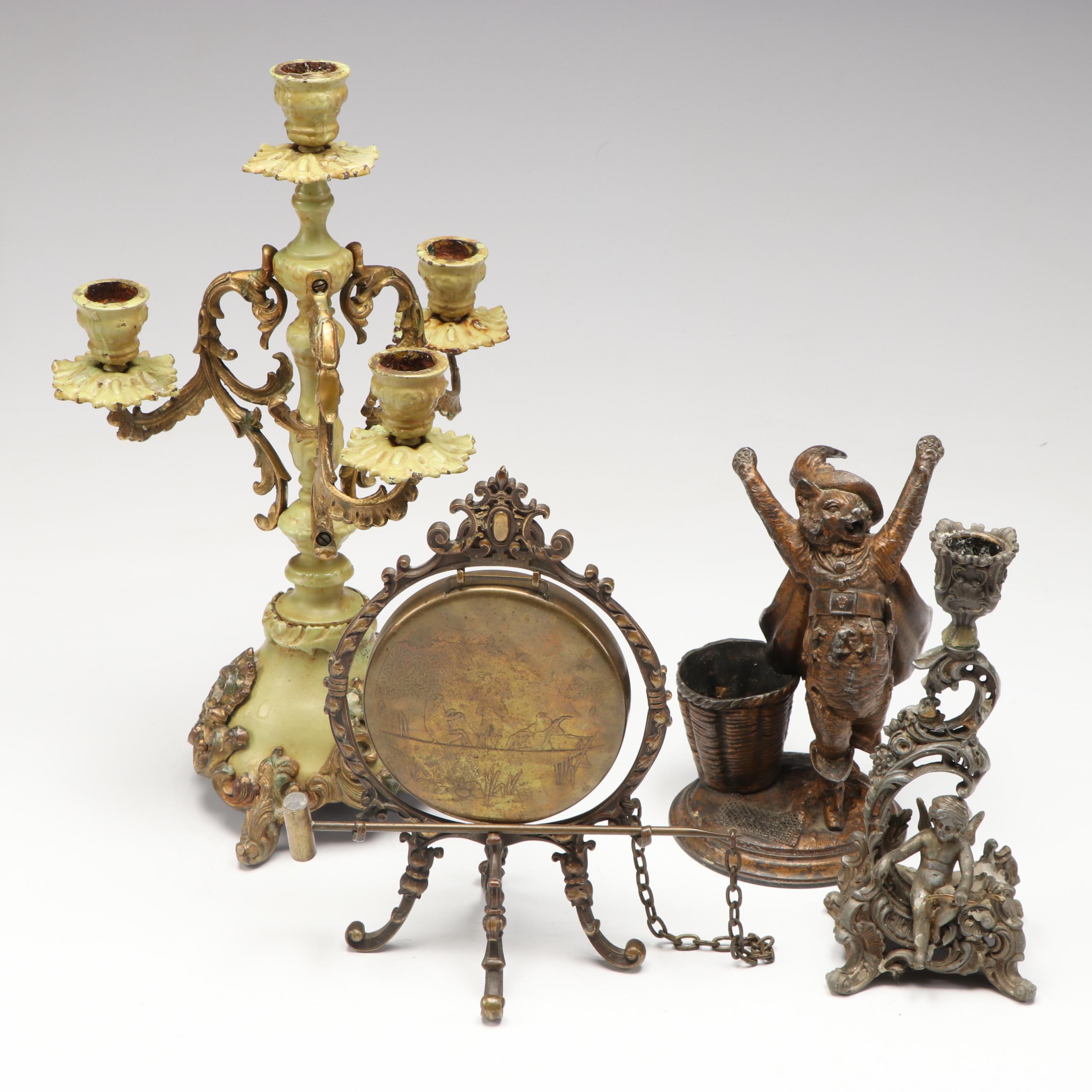 Provencal Style Cast Iron Candelabrum with Puss in Boots Sculpture, Other Décor