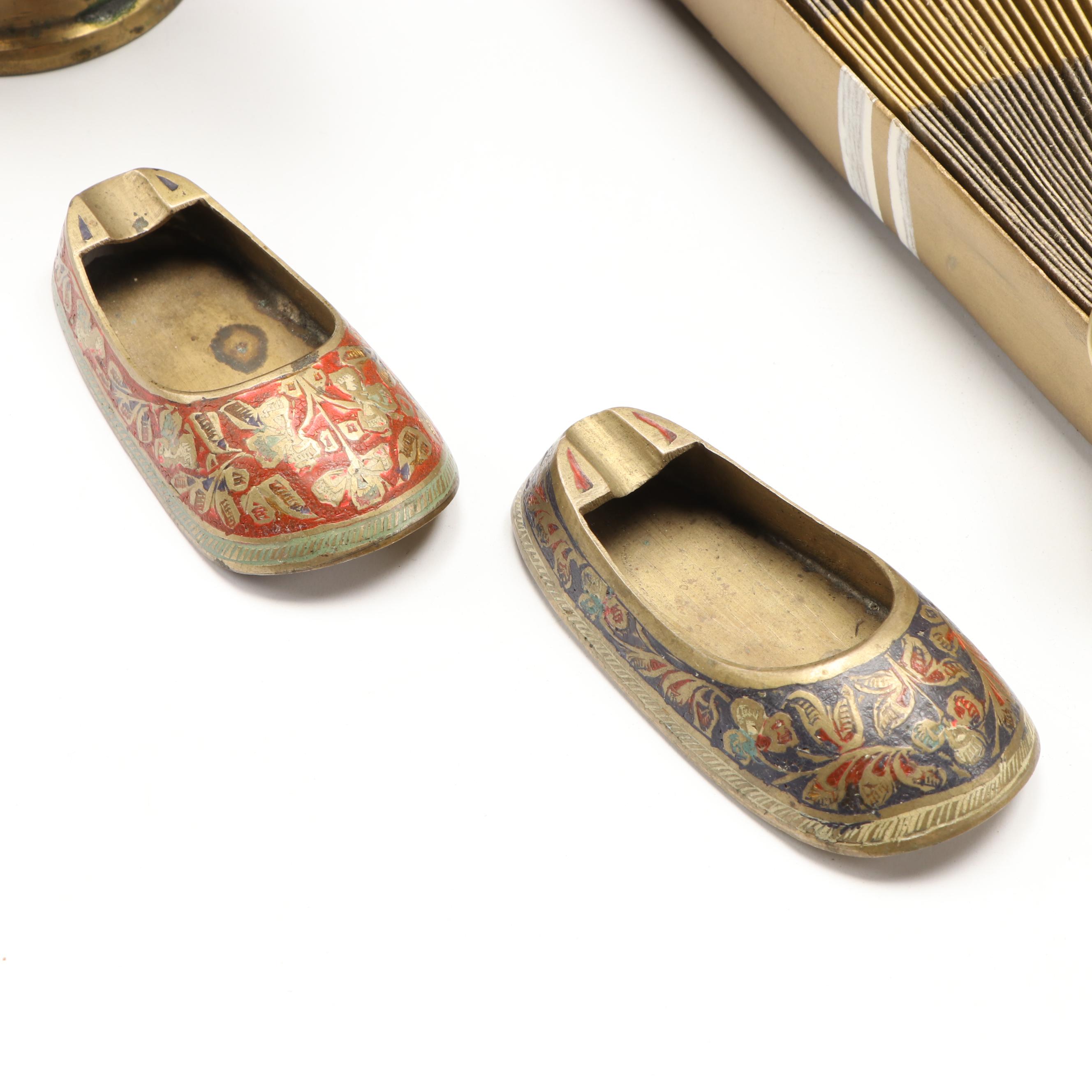 Pair of Octagonal Brass Plates with Wooden Serving Stand and Other Décor