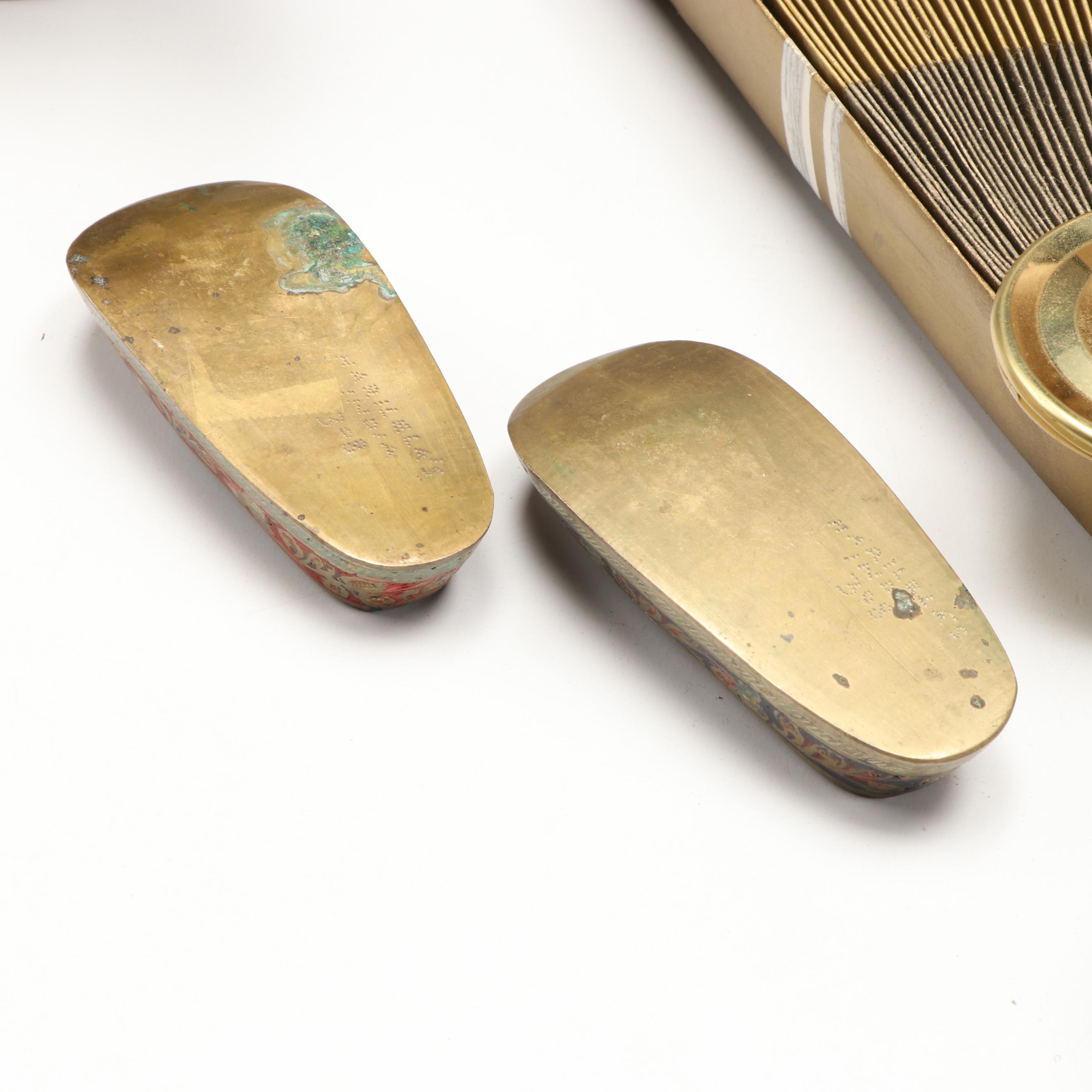 Pair of Octagonal Brass Plates with Wooden Serving Stand and Other Décor