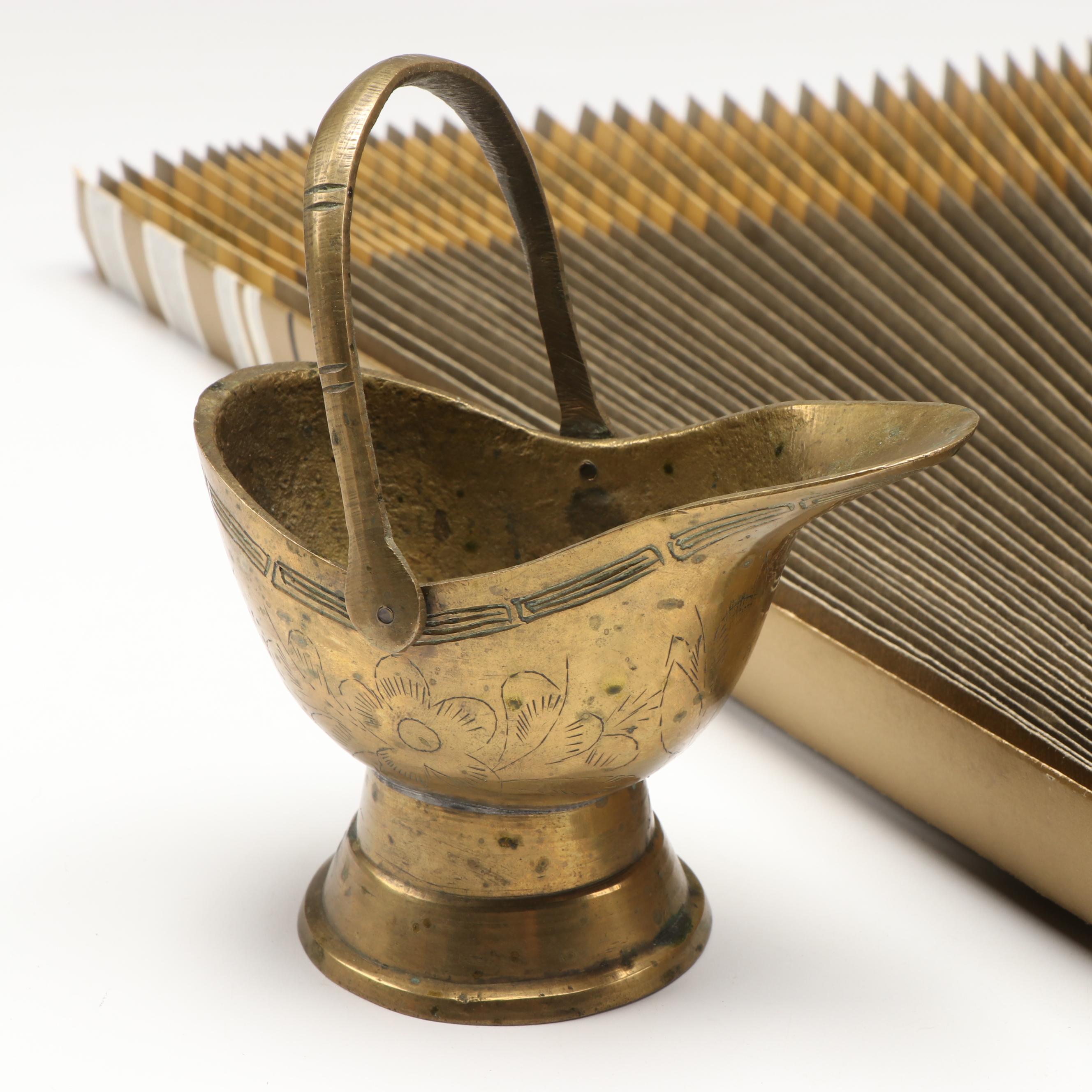 Pair of Octagonal Brass Plates with Wooden Serving Stand and Other Décor