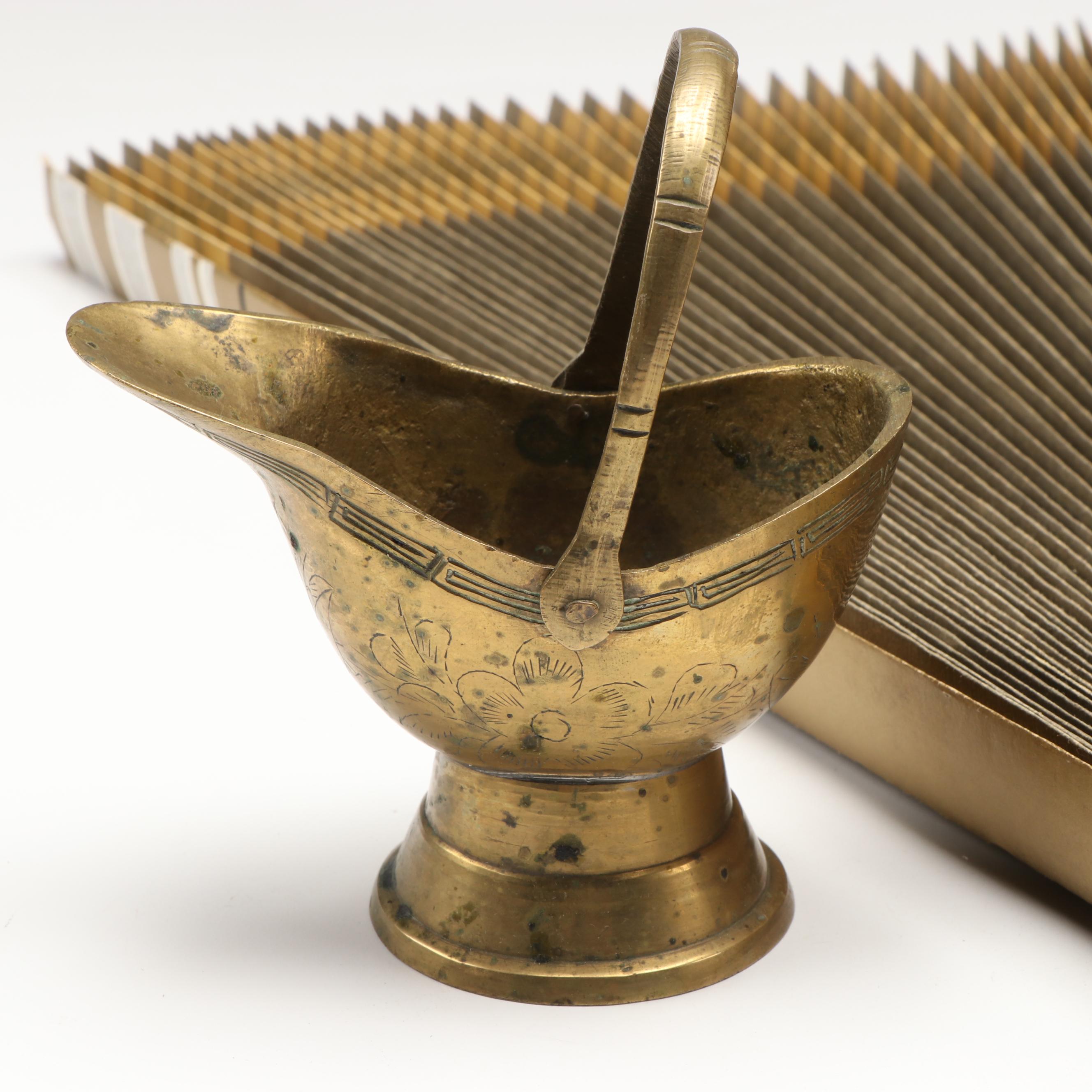 Pair of Octagonal Brass Plates with Wooden Serving Stand and Other Décor