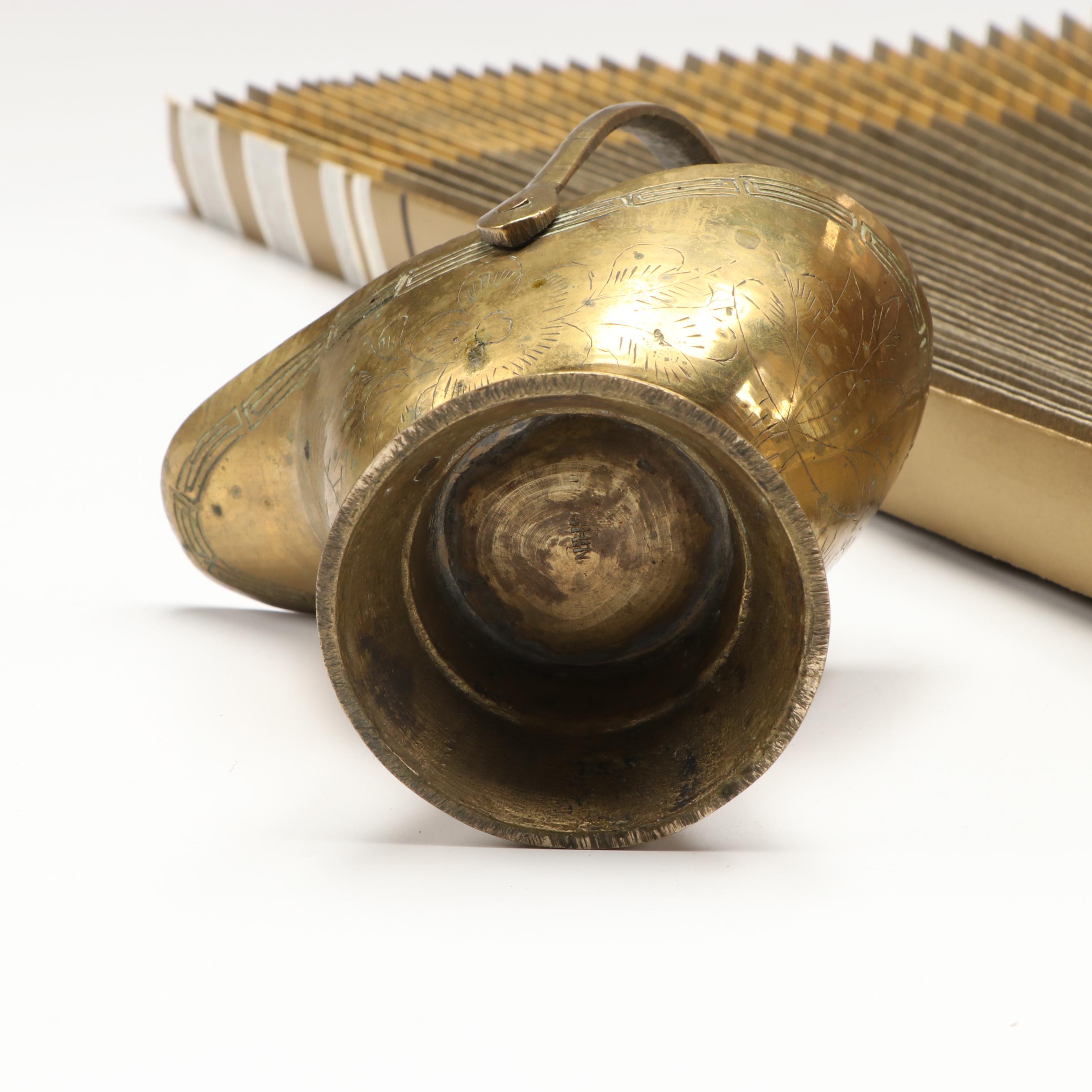 Pair of Octagonal Brass Plates with Wooden Serving Stand and Other Décor