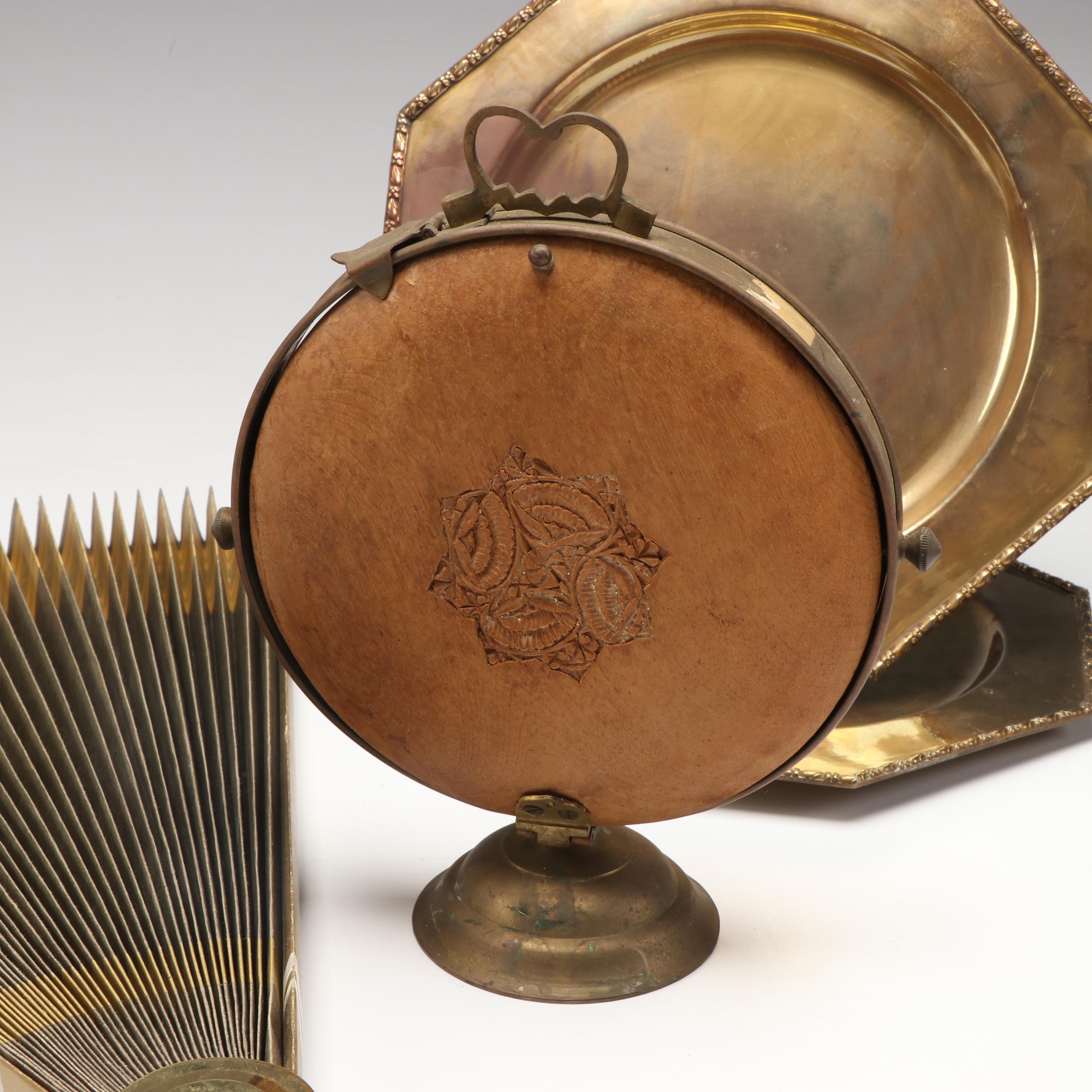 Pair of Octagonal Brass Plates with Wooden Serving Stand and Other Décor