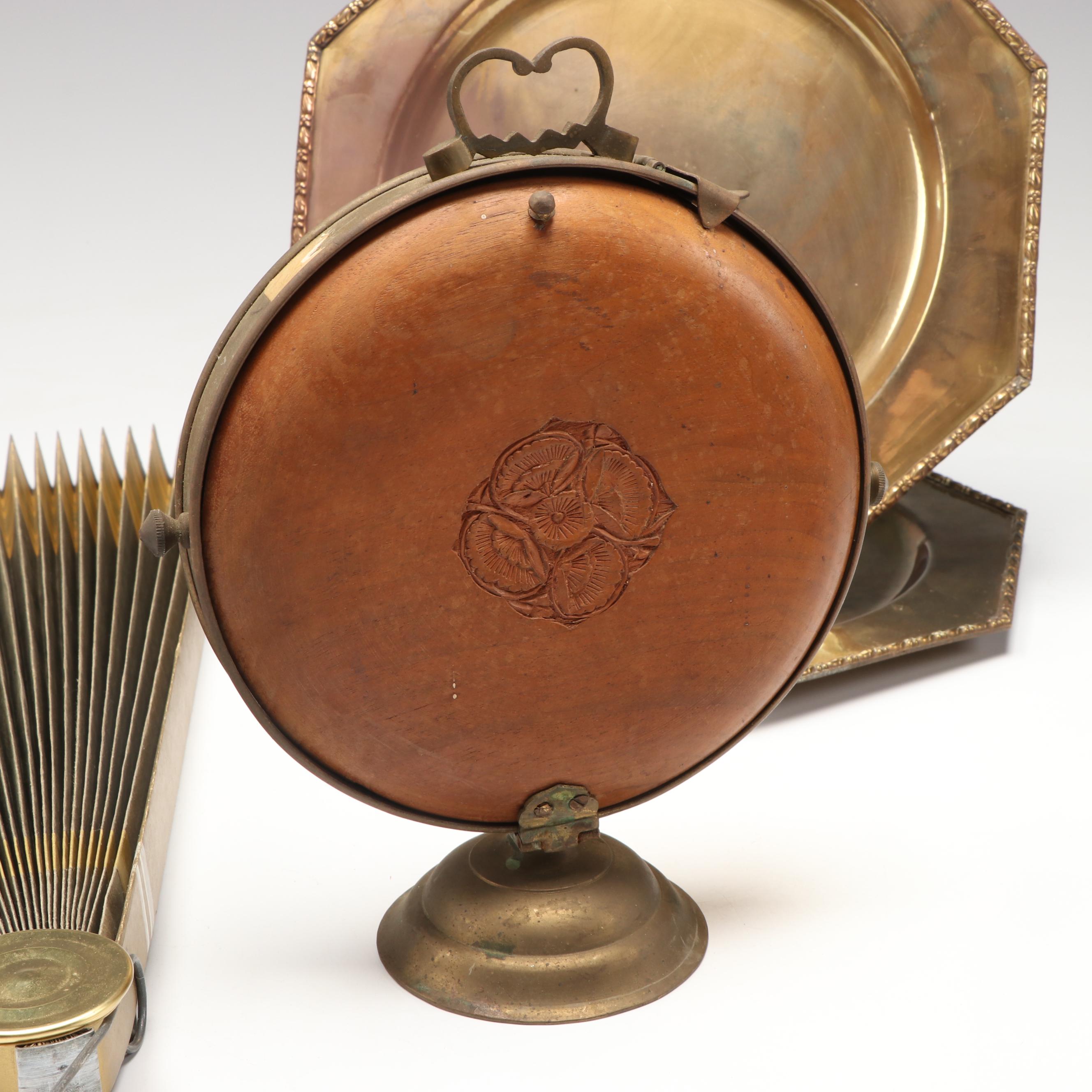 Pair of Octagonal Brass Plates with Wooden Serving Stand and Other Décor