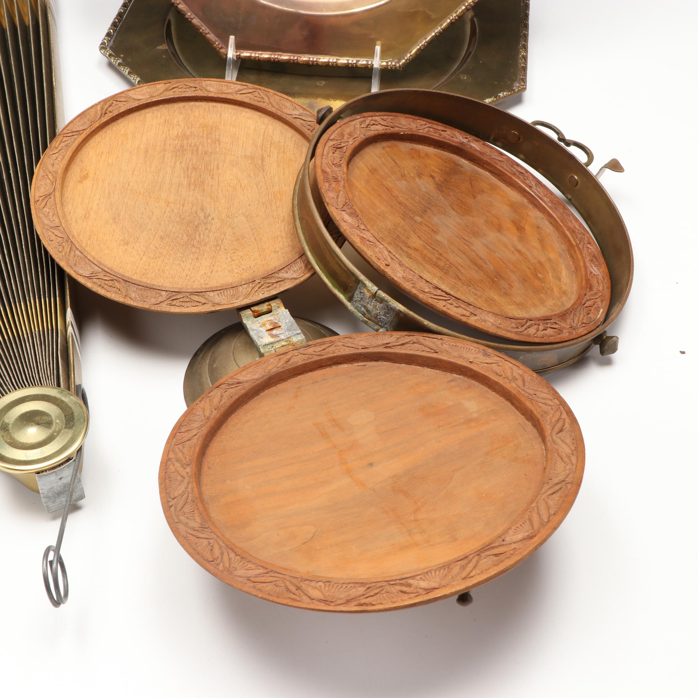 Pair of Octagonal Brass Plates with Wooden Serving Stand and Other Décor