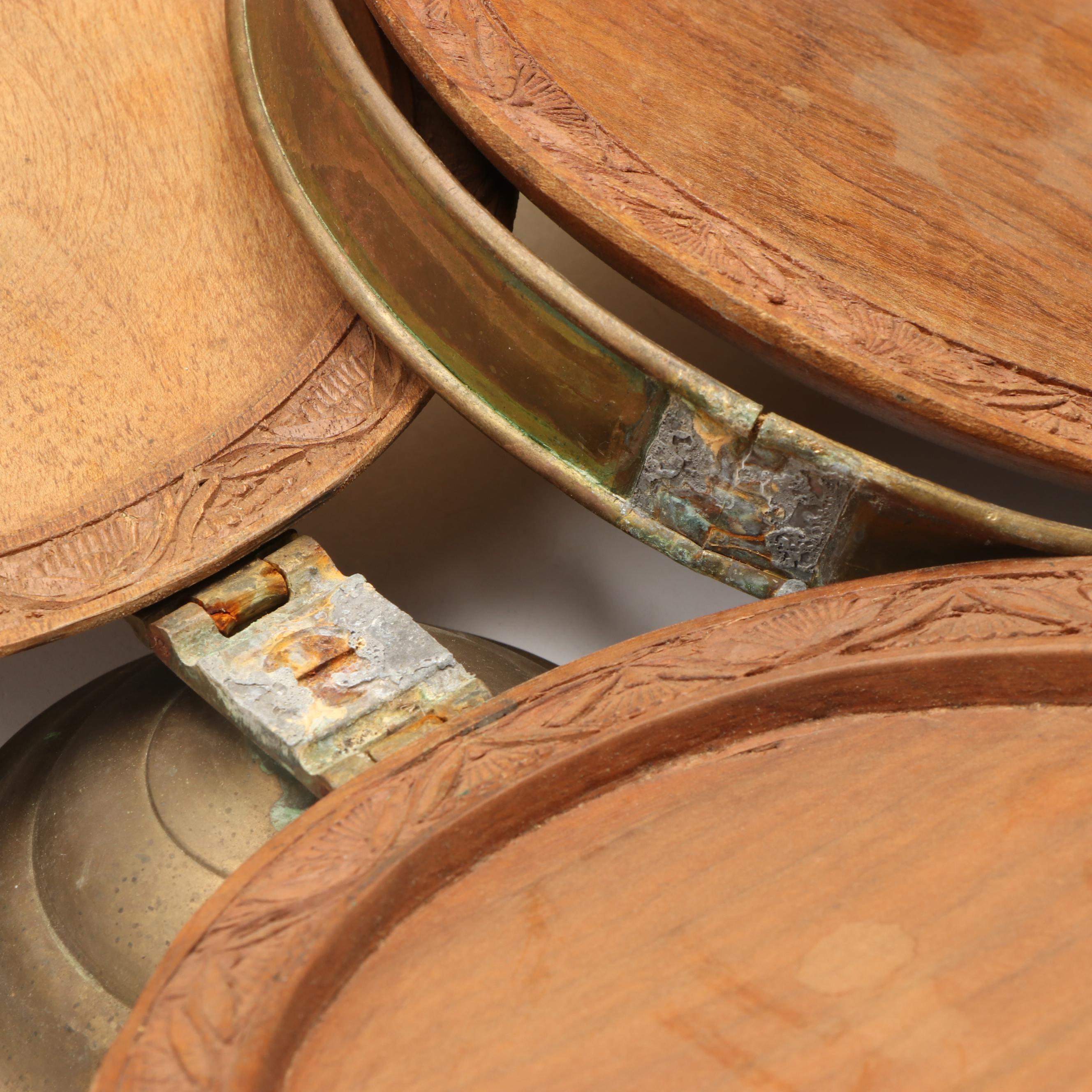 Pair of Octagonal Brass Plates with Wooden Serving Stand and Other Décor