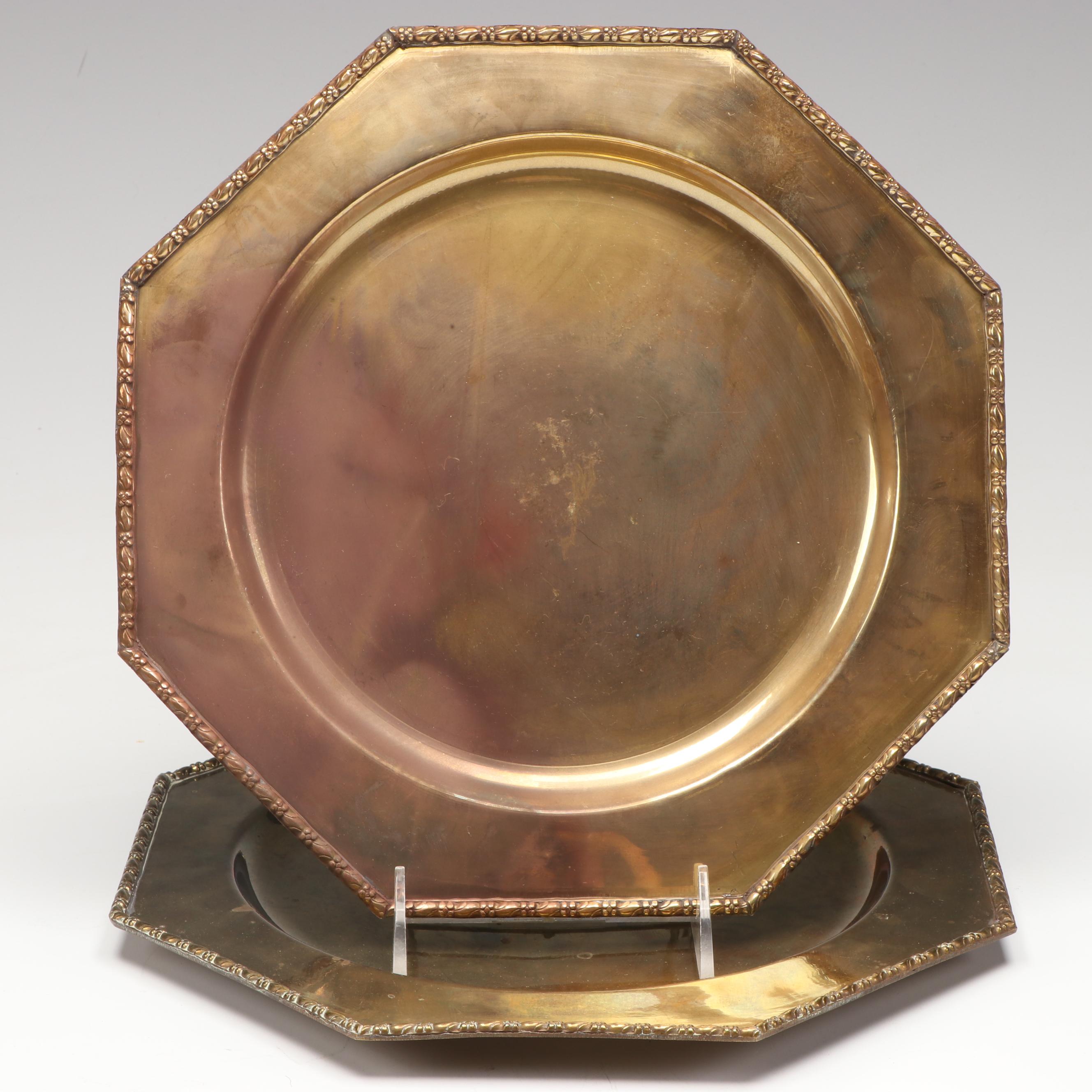 Pair of Octagonal Brass Plates with Wooden Serving Stand and Other Décor