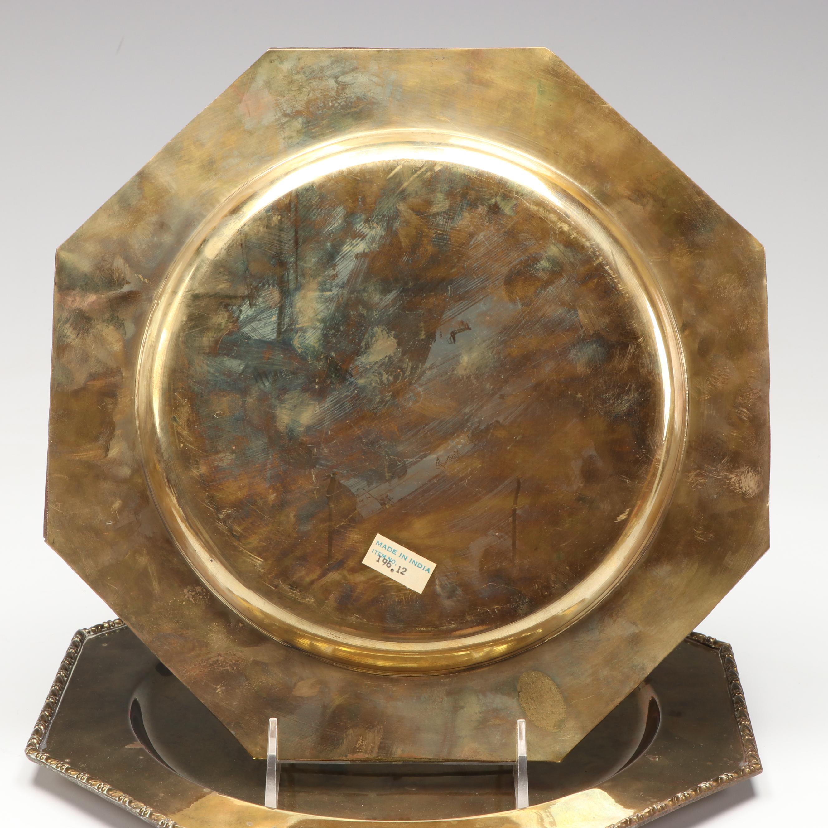 Pair of Octagonal Brass Plates with Wooden Serving Stand and Other Décor