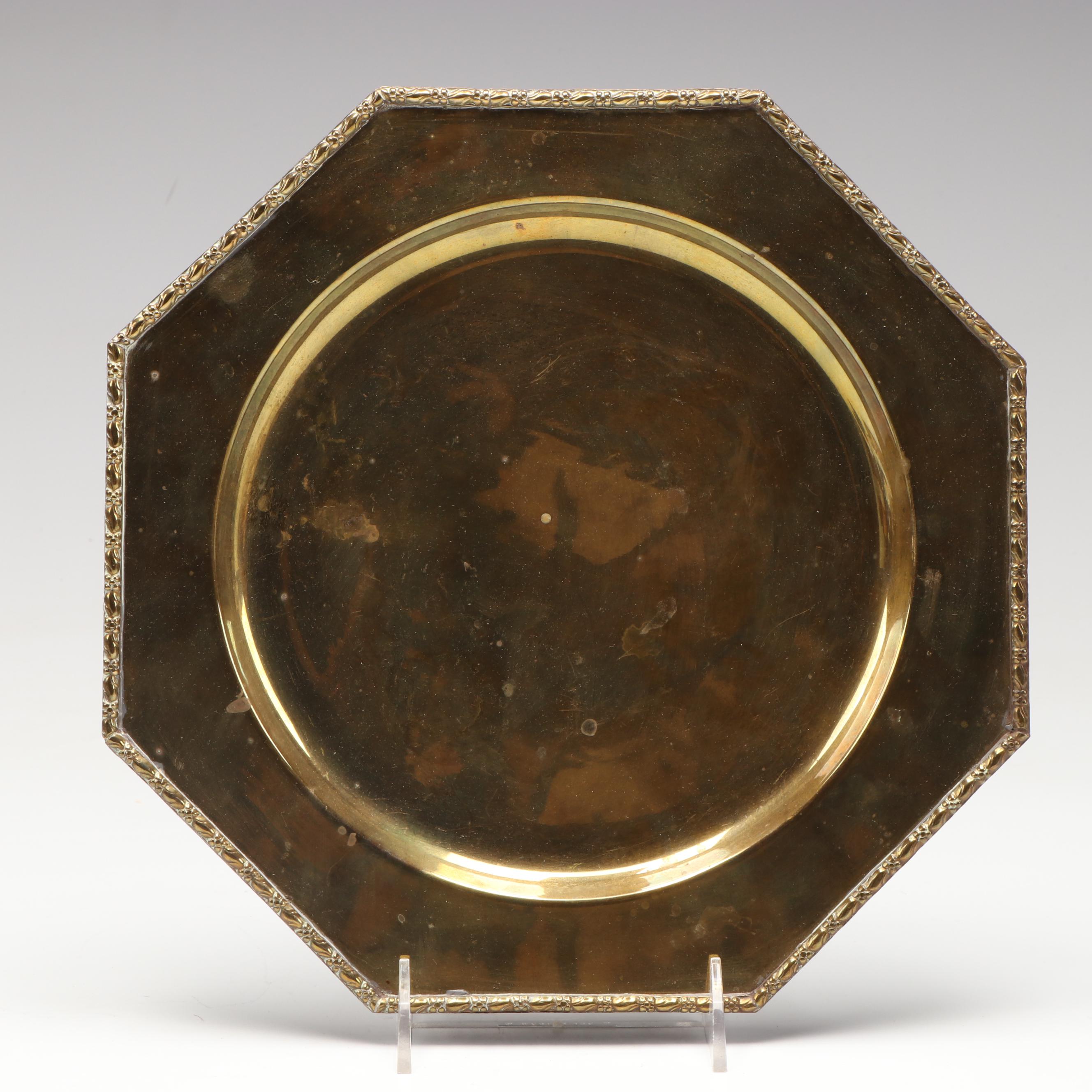 Pair of Octagonal Brass Plates with Wooden Serving Stand and Other Décor