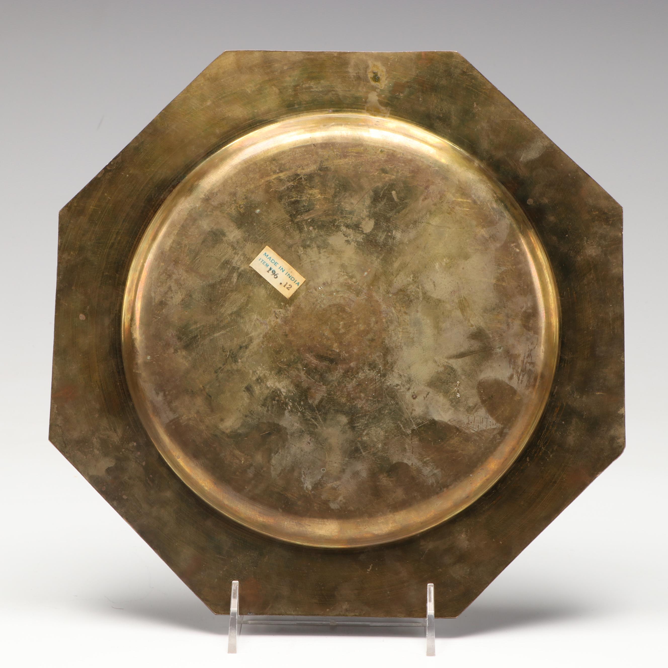 Pair of Octagonal Brass Plates with Wooden Serving Stand and Other Décor