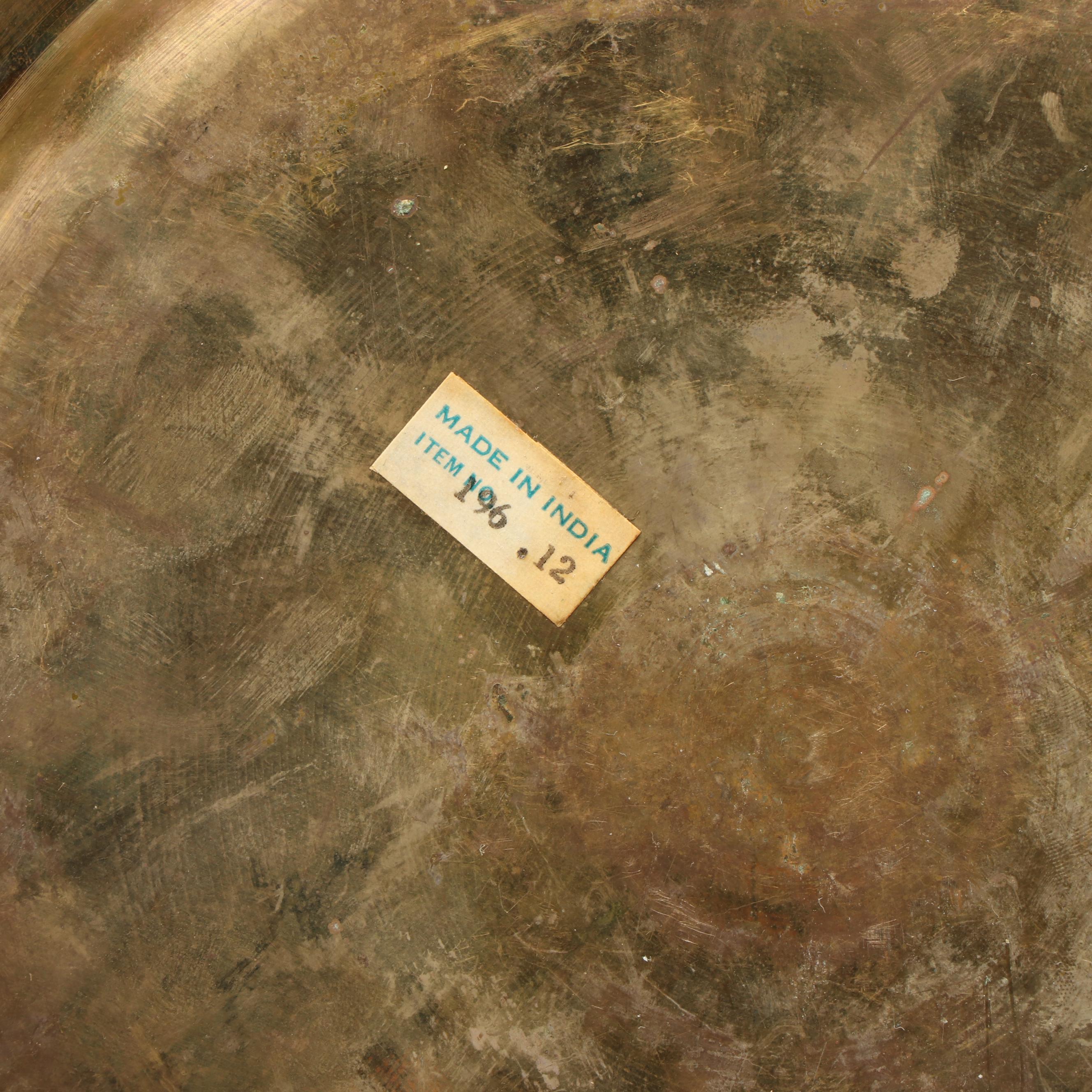 Pair of Octagonal Brass Plates with Wooden Serving Stand and Other Décor