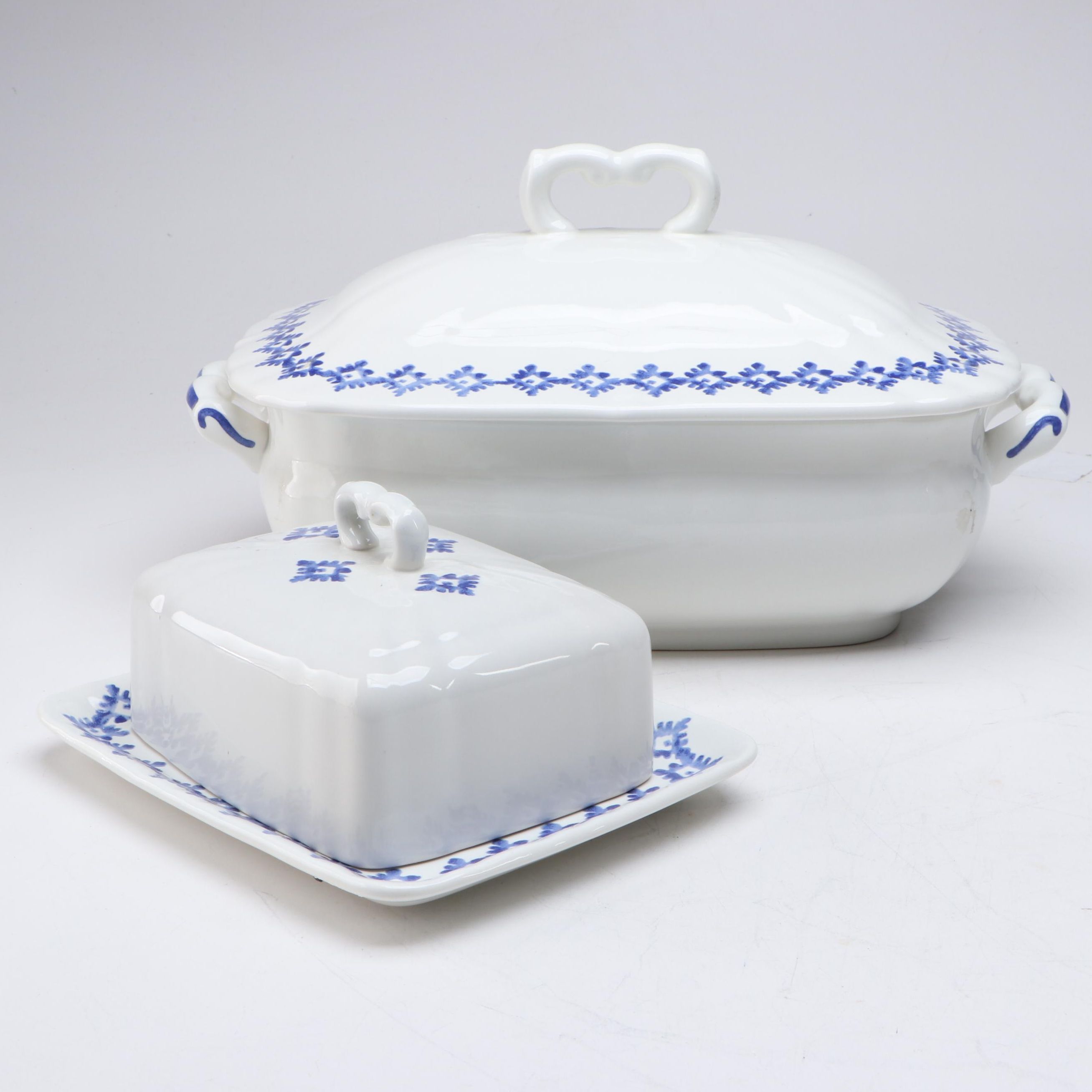 Ralph Lauren "Flynn" Blue and White Ceramic Covered Casserole and Butter Dish