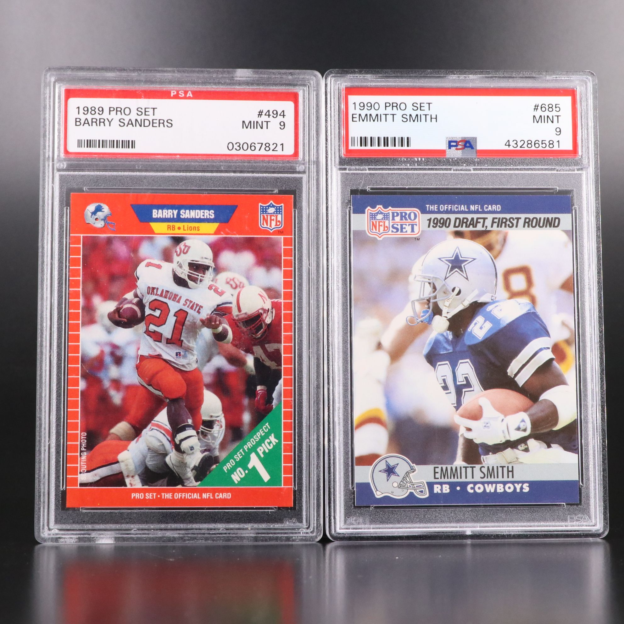 Barry Sanders and Emmitt Smith Pro Set Rookie Football Cards Graded PSA 9